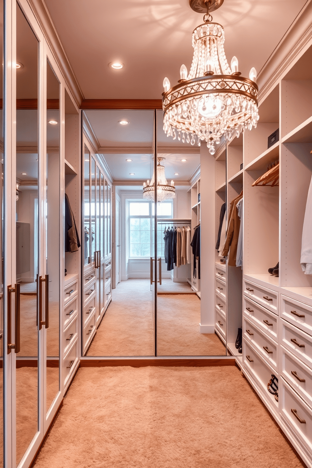 A spacious walk-in closet featuring floor-to-ceiling mirrors that reflect light and create an illusion of depth. The design includes custom shelving and hanging spaces in a soft white finish, complemented by warm wooden accents for a cozy yet luxurious feel. Incorporate elegant lighting fixtures, such as a crystal chandelier, that add a touch of glamour to the space. The closet is adorned with plush carpeting in a neutral tone, creating a comfortable environment for selecting outfits.