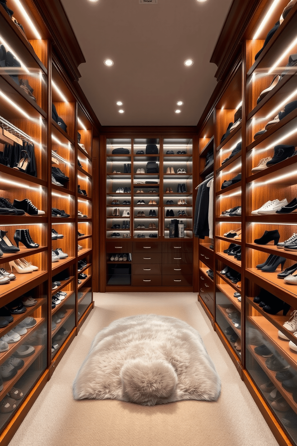 A luxurious walk-in closet featuring built-in shoe racks illuminated by soft LED lighting. The racks are crafted from rich mahogany wood, showcasing an array of designer shoes in an organized and visually appealing manner. The space is designed with ample shelving and hanging areas, allowing for a seamless blend of functionality and elegance. A plush area rug lies in the center, adding warmth to the sophisticated atmosphere.