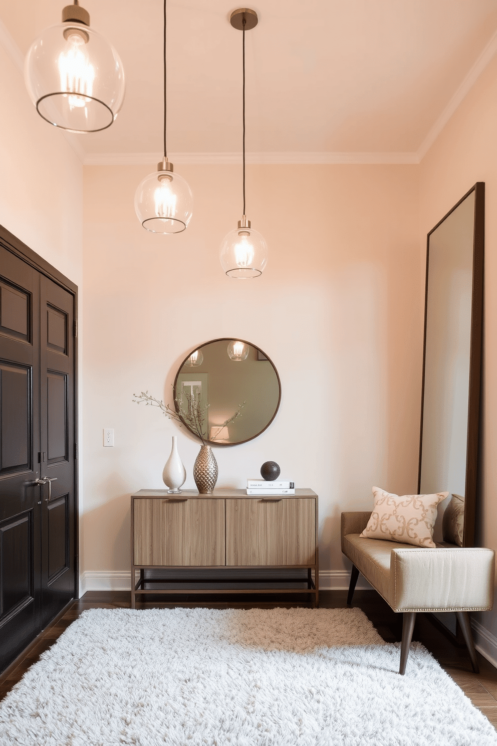 Bright pendant lights hang elegantly from the ceiling, casting a warm glow that enhances the inviting atmosphere of the foyer. The walls are adorned with a soft, neutral palette, complemented by a statement console table topped with decorative accessories. A plush area rug anchors the space, adding texture and comfort underfoot. To the side, a large mirror reflects the light and creates an illusion of depth, while a stylish bench provides a welcoming spot for guests to sit.