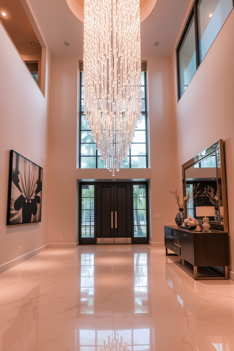 A stunning entrance foyer featuring a grand chandelier that cascades from a high ceiling, illuminating the space with warm light. The walls are adorned with statement artwork that draws attention, creating an inviting and artistic atmosphere. The floor is finished with polished marble tiles, reflecting the elegance of the foyer. A sleek console table sits against one wall, topped with decorative accents and a large mirror that enhances the sense of space.