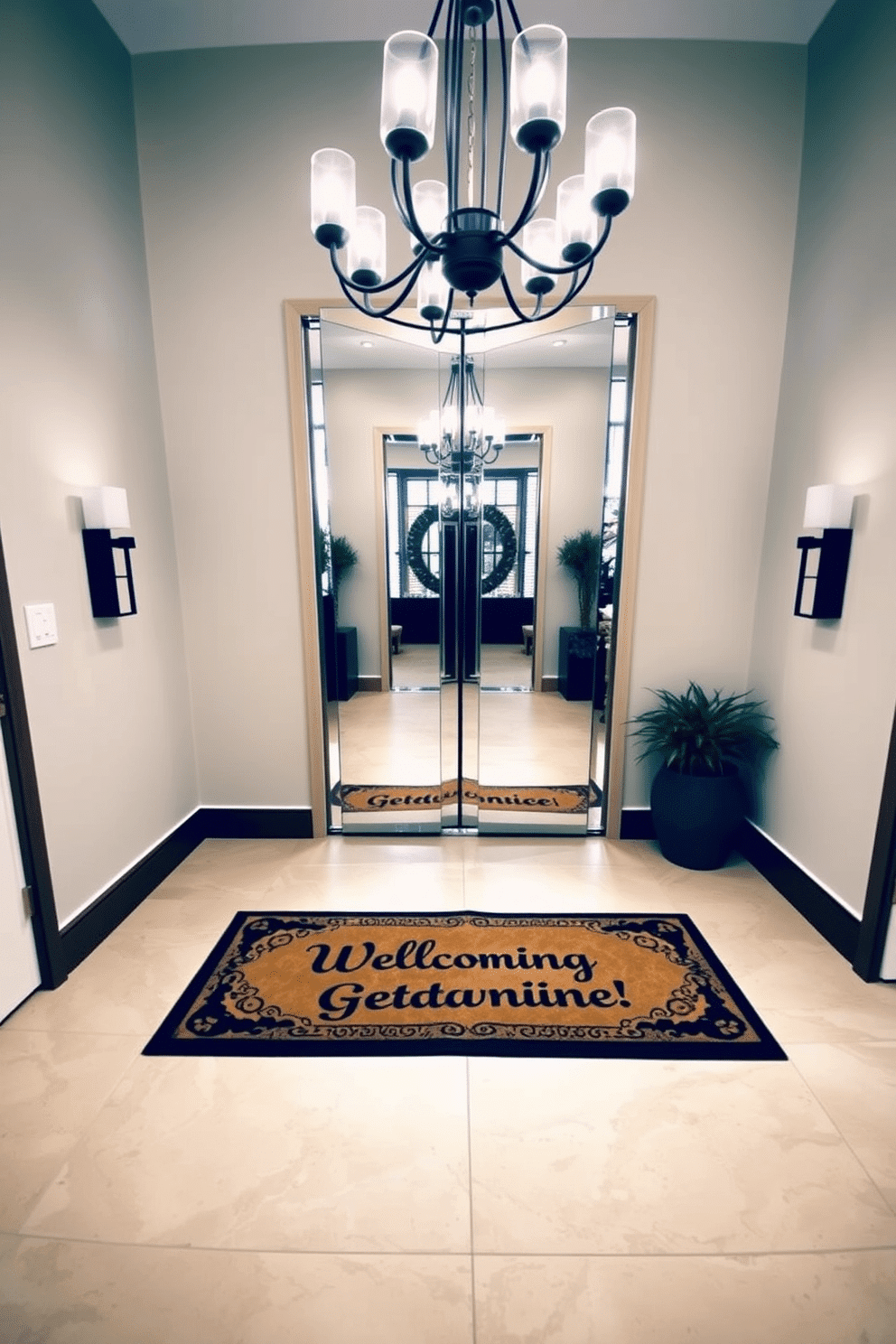 A welcoming entrance foyer featuring a stylish mat with a personalized message that greets guests as they arrive. The foyer is illuminated by a modern chandelier, with elegant wall sconces flanking a large mirror that reflects the inviting atmosphere.