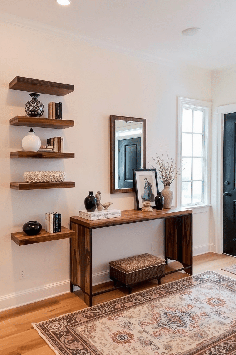 A stylish entrance foyer featuring floating shelves on the walls, elegantly showcasing a curated selection of decor items such as vases, books, and art pieces. The floor is adorned with a beautiful patterned rug, while a statement mirror hangs above a console table, creating a welcoming atmosphere. The floating shelves are made of reclaimed wood, adding warmth to the space, and are complemented by soft LED lighting that highlights the displayed items. The walls are painted in a soft neutral tone, enhancing the natural light that pours in through a nearby window.