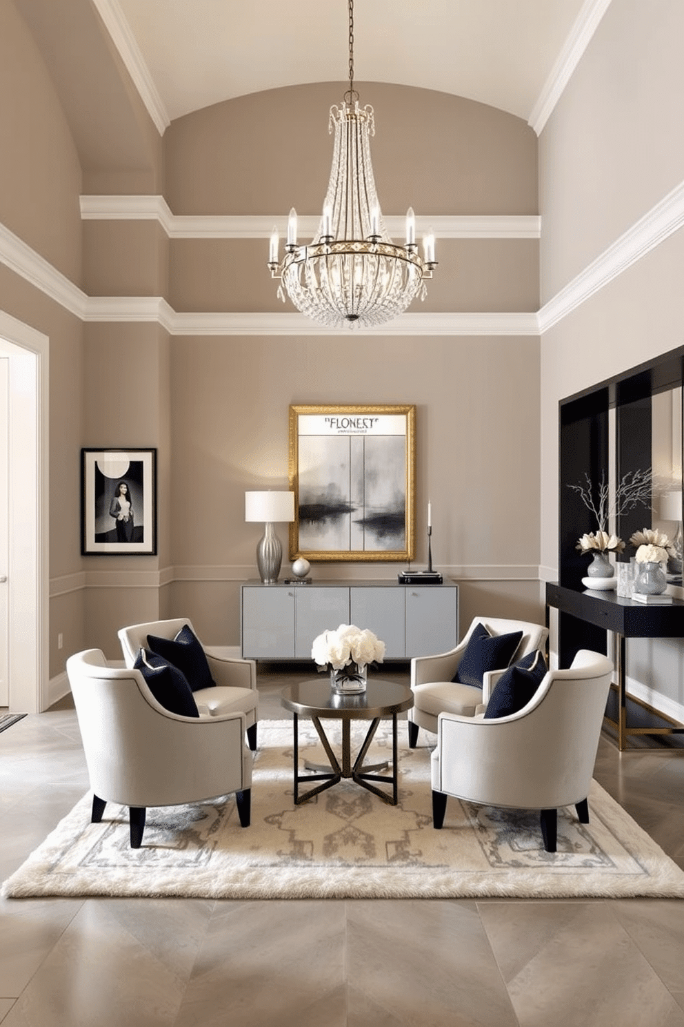 A stunning entrance foyer featuring a cohesive color palette that blends soft taupes, creams, and deep navy accents. The space is illuminated by a grand chandelier, and a plush area rug anchors the seating area with a pair of elegant upholstered chairs flanking a small round table. The walls are adorned with framed artwork that complements the color scheme, while a sleek console table rests against one side, showcasing decorative objects and fresh flowers. A large mirror above the console reflects light, enhancing the sense of space and welcoming guests into this beautifully designed foyer.