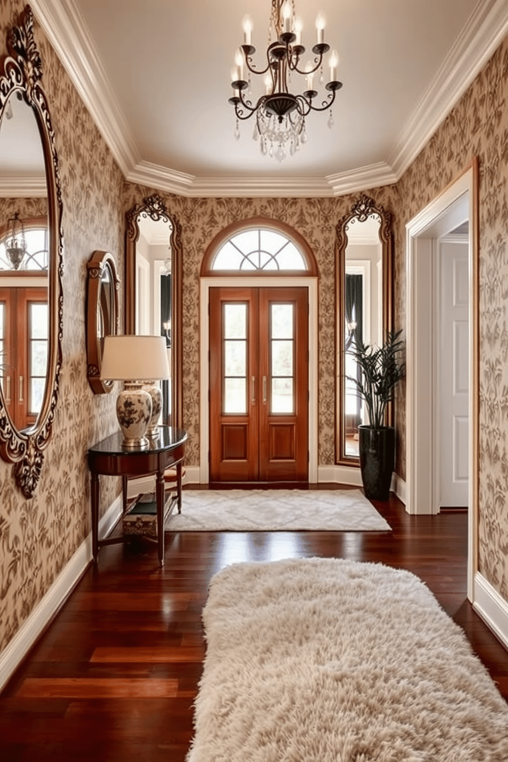 A stunning entrance foyer featuring decorative mirrors that reflect light and create a sense of depth. The walls are adorned with elegant wallpaper, while a plush area rug anchors the space, complementing the rich wood flooring.