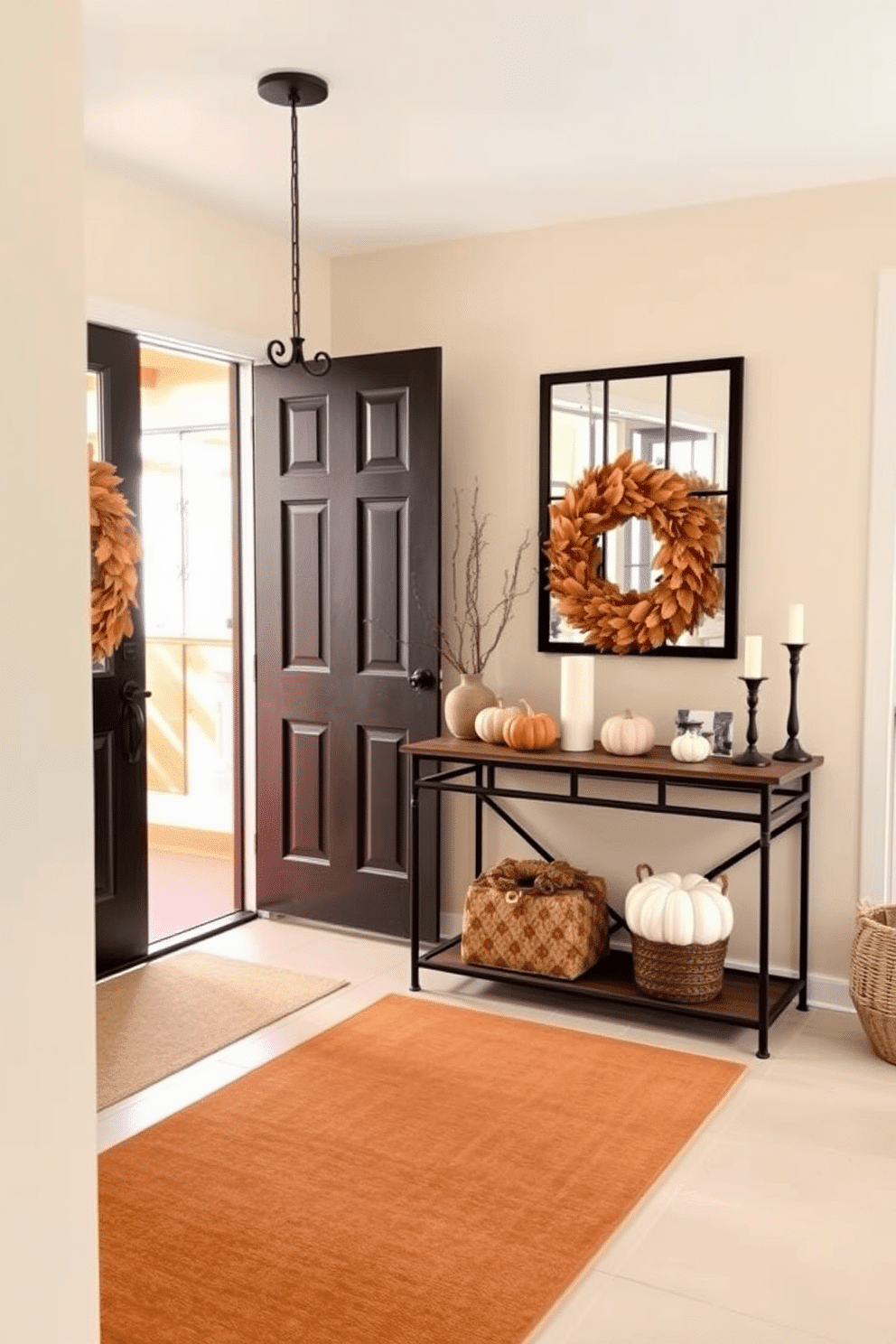 A bright and inviting entrance foyer adorned with seasonal decor. A large, welcoming wreath made of autumn leaves hangs on the front door, while a stylish console table displays a collection of pumpkins and candles. The walls are painted in a soft cream color, creating a warm backdrop for the decor. A cozy area rug in rich earth tones lies beneath the table, adding texture and comfort to the space.