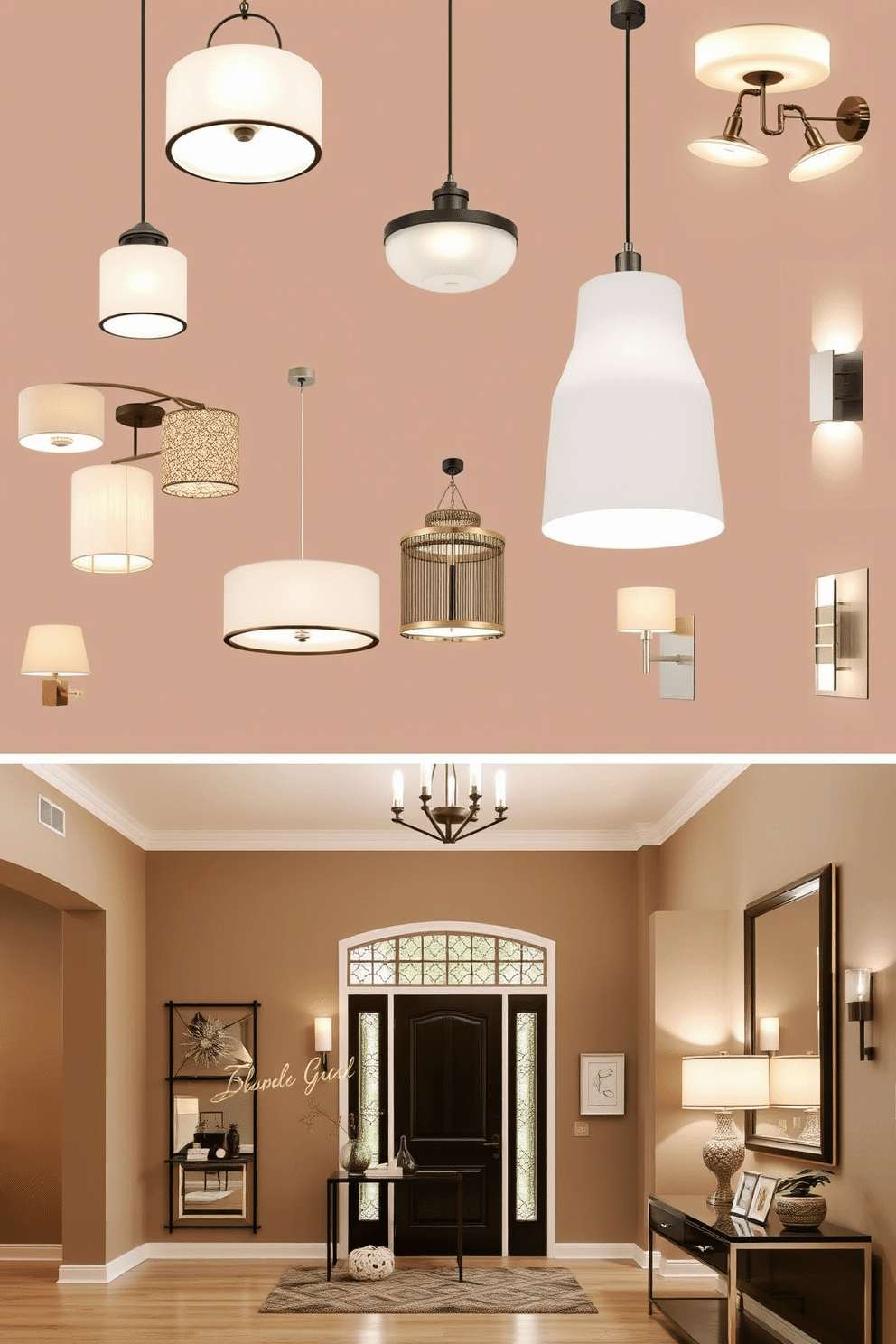 A collection of stylish lighting fixtures designed to create a warm and inviting ambiance. Each fixture features unique shapes and materials, including modern chandeliers, elegant pendant lights, and sleek wall sconces, all contributing to a cohesive aesthetic. An entrance foyer that combines functionality and style, showcasing a grand entryway with high ceilings. The design includes a statement console table, an oversized mirror, and a carefully curated selection of decorative accents, all set against a backdrop of rich wall colors and textured finishes.