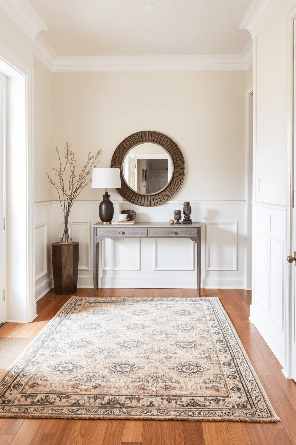 A welcoming entrance foyer features layered rugs in varying textures and colors, creating a cozy and inviting atmosphere. The base rug is a large, neutral-toned piece, topped with a smaller, patterned rug that adds visual interest and warmth. The walls are adorned with elegant wainscoting, painted in a soft, creamy hue that complements the rugs. A statement console table sits against one wall, topped with decorative items and a stylish mirror that reflects light and enhances the sense of space.