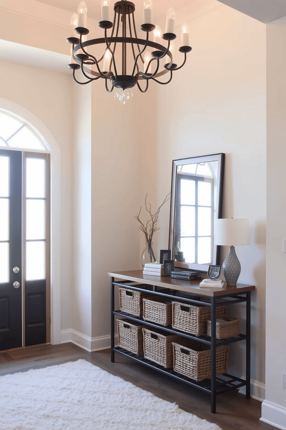 Functional storage baskets for organization. The baskets are woven from natural fibers, providing a rustic yet elegant touch. They are neatly arranged on a wooden shelf, complemented by decorative labels for easy identification. The surrounding space features soft lighting that highlights the textures of the baskets. Entrance foyer design ideas. The foyer boasts a grand chandelier that casts a warm glow over the space. A console table with a sleek design sits against the wall, adorned with a stylish mirror and a few carefully chosen decorative items. The walls are painted in a soft, welcoming hue, and a plush area rug adds comfort underfoot.