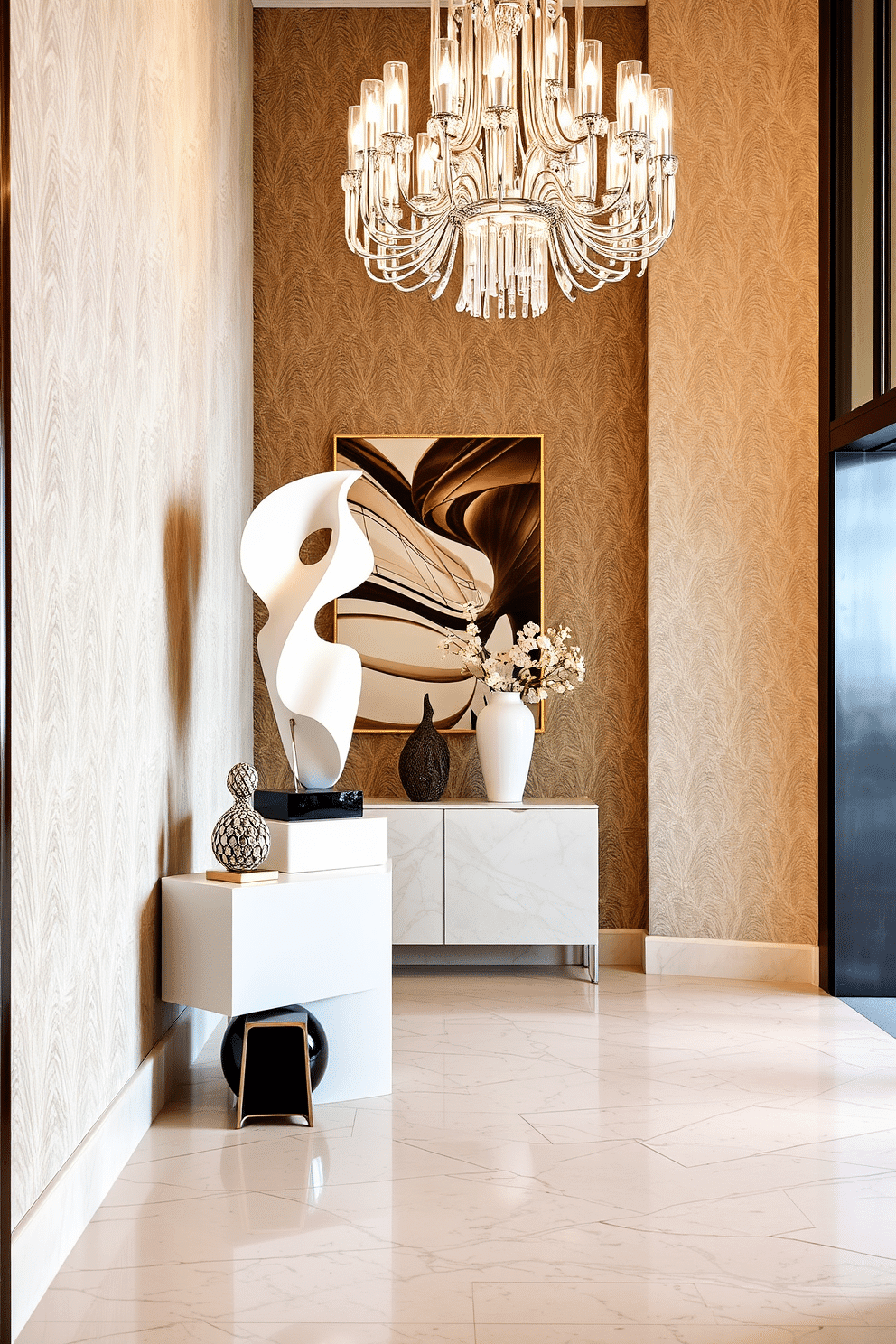 A stunning entrance foyer featuring artistic sculptures that add a unique flair to the space. The walls are adorned with elegant wallpaper, and a large, abstract sculpture stands prominently on a sleek pedestal, creating a focal point. The floor is finished with polished marble tiles, reflecting the light and enhancing the luxurious feel. A stylish console table with decorative accents sits against one wall, complemented by a statement chandelier overhead that illuminates the area beautifully.