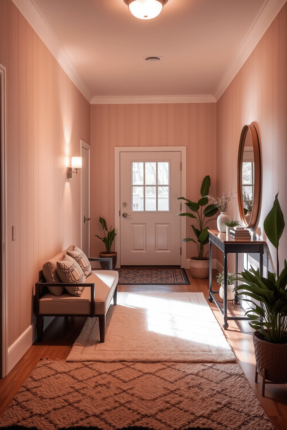 A warm and inviting entrance foyer features soft, ambient lighting that casts a gentle glow across the space. The walls are adorned with subtle wallpaper, and a stylish console table sits against one side, topped with decorative accents and a mirror that reflects the light. A plush area rug anchors the space, while a comfortable bench provides a welcoming spot for guests. Potted plants add a touch of greenery, enhancing the cozy atmosphere and creating an inviting first impression.