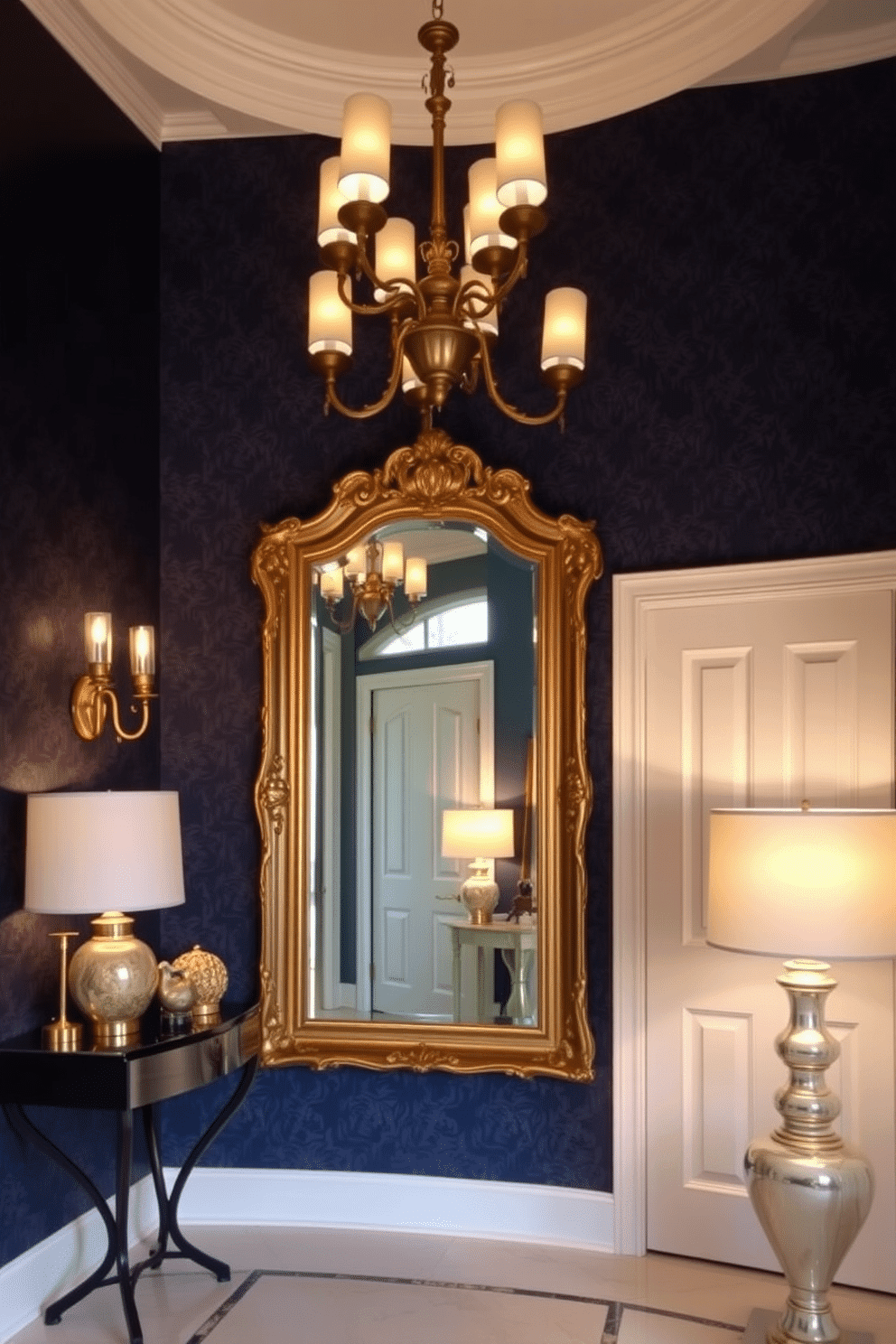 A stunning entrance foyer featuring layered lighting that combines elegant sconces and stylish table lamps. The walls are adorned with a rich navy blue wallpaper, and a large, ornate mirror reflects the warm glow of the lighting, creating an inviting atmosphere.