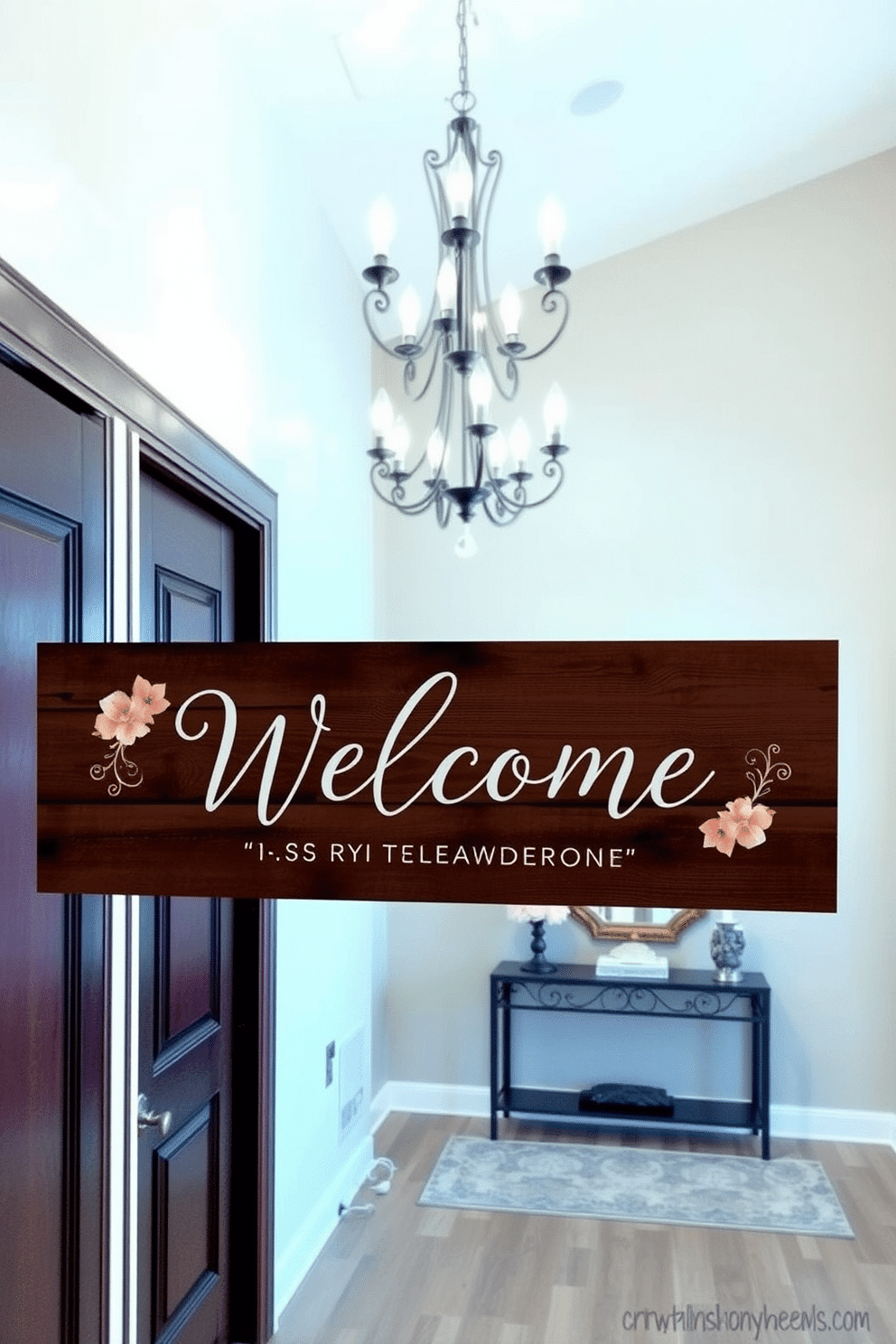 A personalized entryway sign welcomes guests with a charming touch, featuring elegant lettering on a reclaimed wood background. The sign is adorned with subtle floral accents that reflect the home's interior color palette. The entrance foyer boasts a spacious layout, with a stunning chandelier hanging from the ceiling, casting a warm glow. A console table with decorative items and a stylish mirror enhances the area, creating an inviting atmosphere.