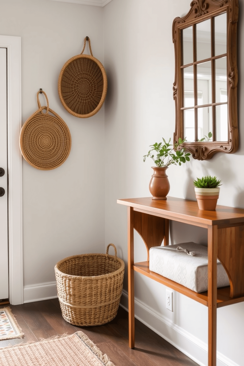 A welcoming entrance foyer featuring woven baskets that add a rustic touch. The space includes a wooden console table adorned with a small potted plant and a vintage mirror above it, enhancing the inviting atmosphere.