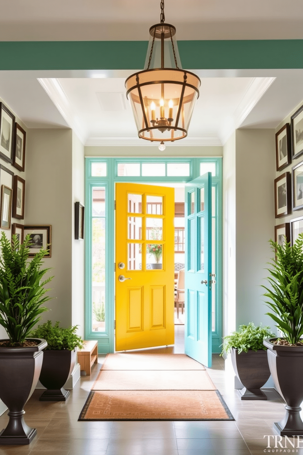 A bright, welcoming entrance foyer features a boldly painted door in a vibrant hue, such as teal or sunny yellow, that instantly captures attention. Flanking the door, stylish planters filled with lush greenery add a touch of nature, enhancing the curb appeal. Inside the foyer, a statement chandelier hangs from the ceiling, casting warm light over the space. The walls are adorned with a tasteful gallery of framed art, creating an inviting atmosphere that sets the tone for the rest of the home.