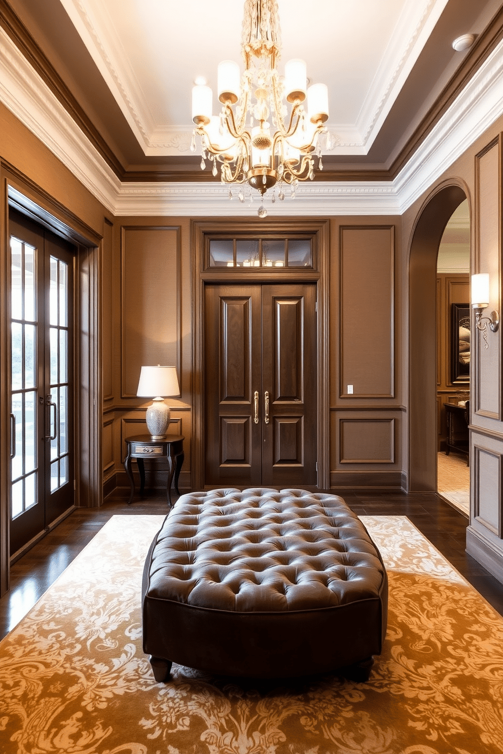 A luxurious entrance foyer featuring a cushioned ottoman that combines comfort and style. The ottoman is upholstered in a rich velvet fabric, surrounded by elegant wall paneling and a stunning chandelier overhead, creating a welcoming atmosphere.