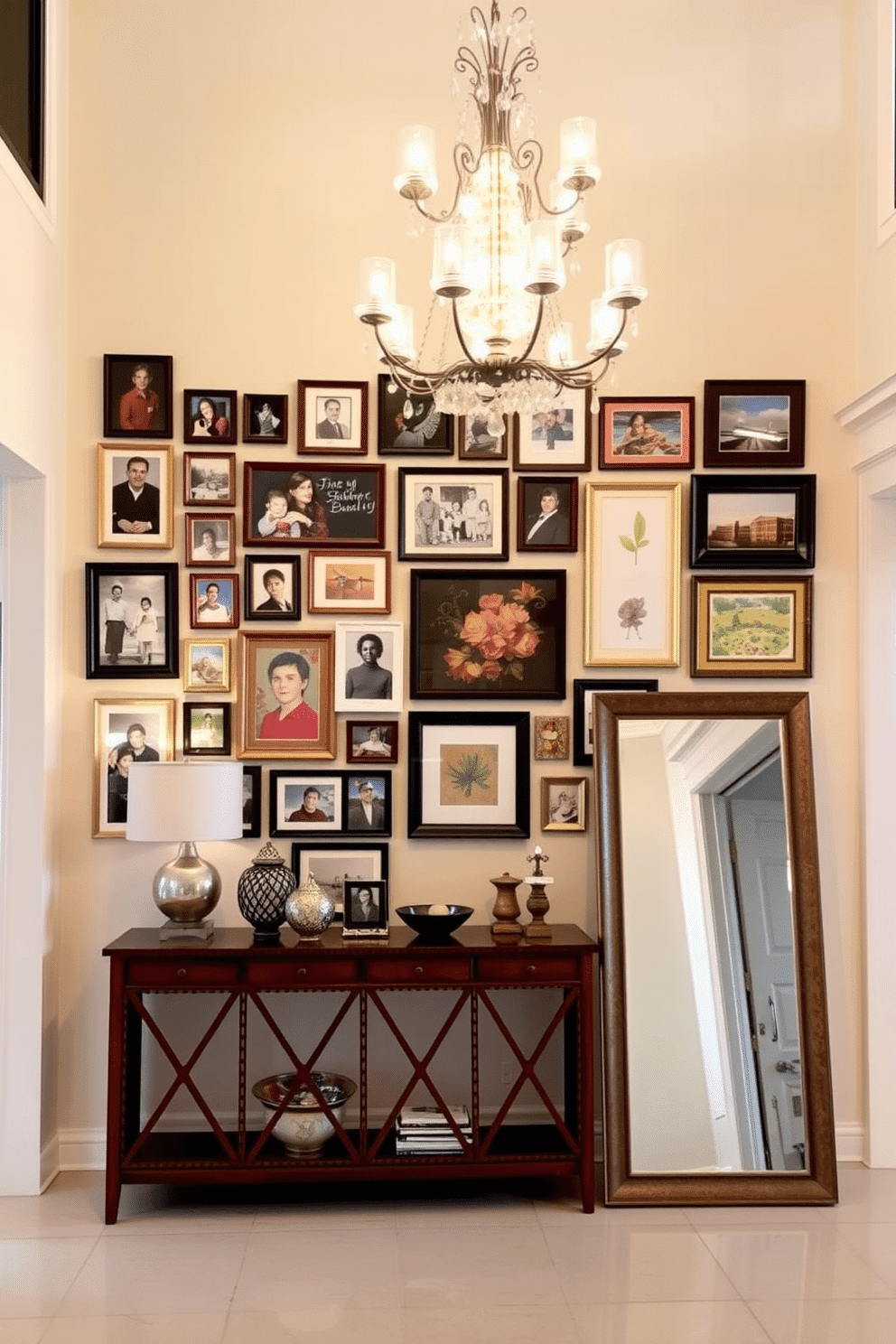 A gallery wall adorned with a mix of family photos and vibrant art pieces creates a personalized focal point. The frames vary in size and style, arranged in an eclectic yet harmonious layout that draws the eye and sparks conversation. The entrance foyer features a grand chandelier hanging from a high ceiling, illuminating the space with warm light. A console table against the wall displays decorative items and a large mirror, enhancing the sense of openness and elegance in the entryway.