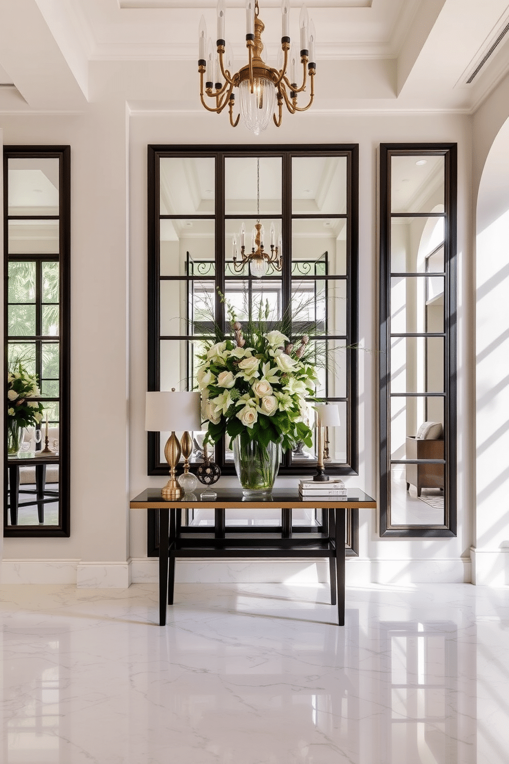 A grand entrance foyer featuring framed mirrors strategically placed to reflect natural light, creating an inviting and spacious atmosphere. The flooring is a polished marble, complemented by a stylish console table adorned with decorative accents and a large, vibrant floral arrangement.