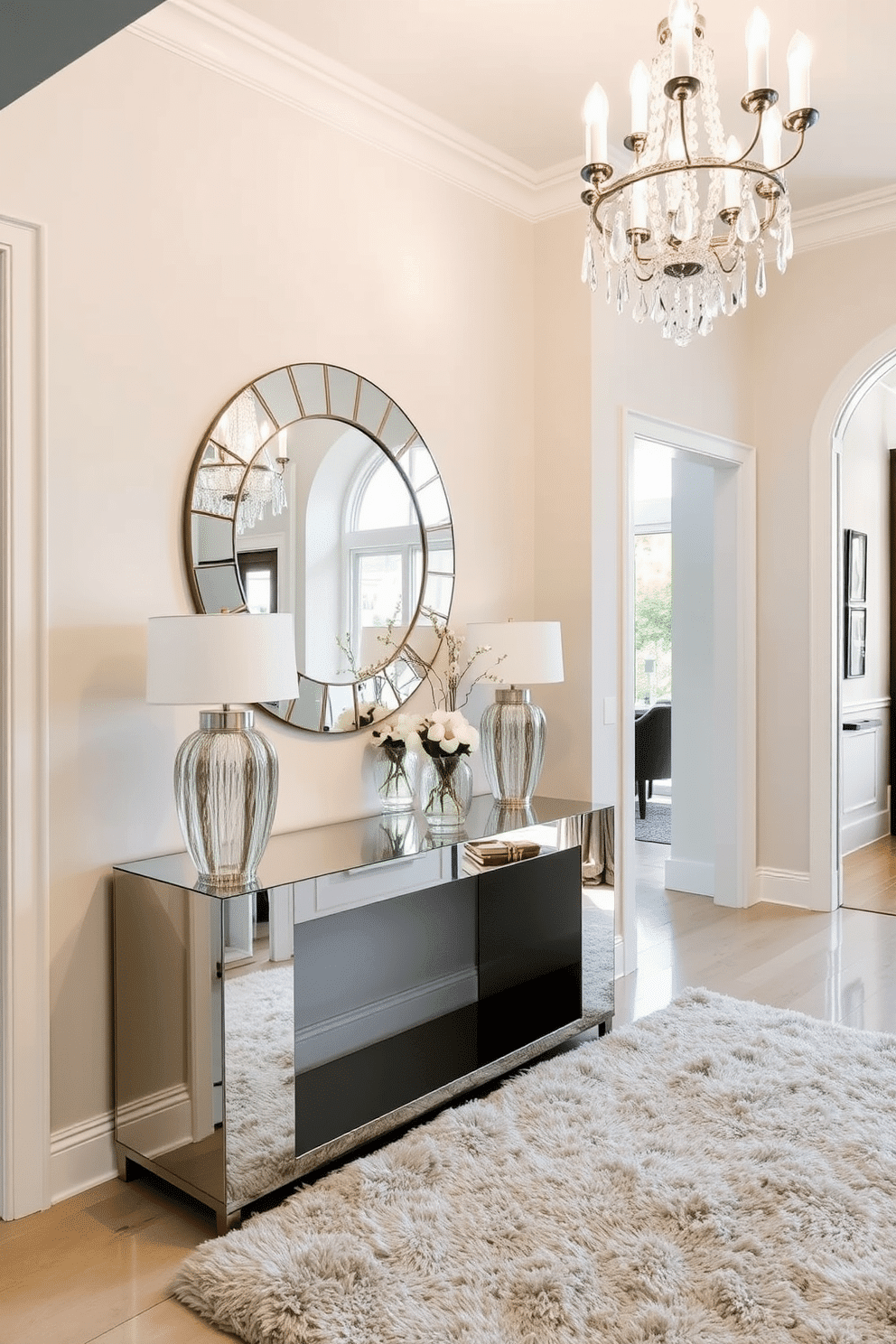 A stunning entrance foyer featuring mirrored accents that reflect natural light and create a sense of openness. The space includes a sleek console table with a mirrored surface, complemented by a large round mirror above it, enhancing the overall brightness of the area. Elegant lighting fixtures, such as a chandelier with crystal details, hang from the ceiling, casting a warm glow. The walls are adorned with soft, neutral tones, while a plush area rug adds texture and warmth underfoot, inviting guests into the home.