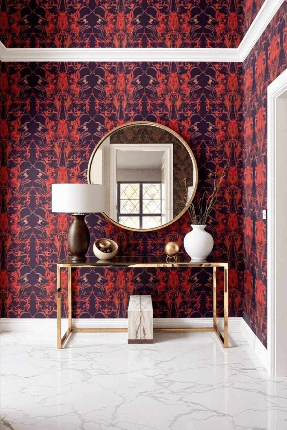 A stunning entrance foyer with bold, patterned wallpaper that creates a striking backdrop. The space features a sleek console table adorned with decorative items and a large round mirror above it, reflecting the vibrant colors of the wallpaper.