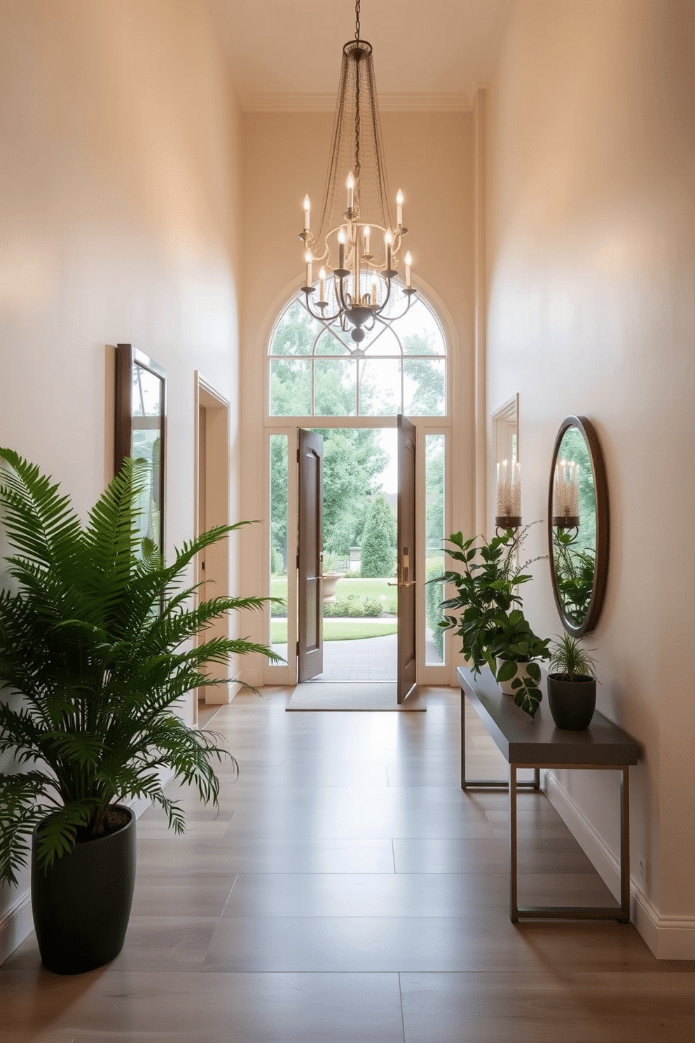 A stunning entrance foyer filled with natural greenery, featuring a large potted fern in the corner and smaller plants on a sleek console table. The walls are painted in a soft, inviting cream, and a beautiful chandelier hangs from the ceiling, illuminating the space with warm light.