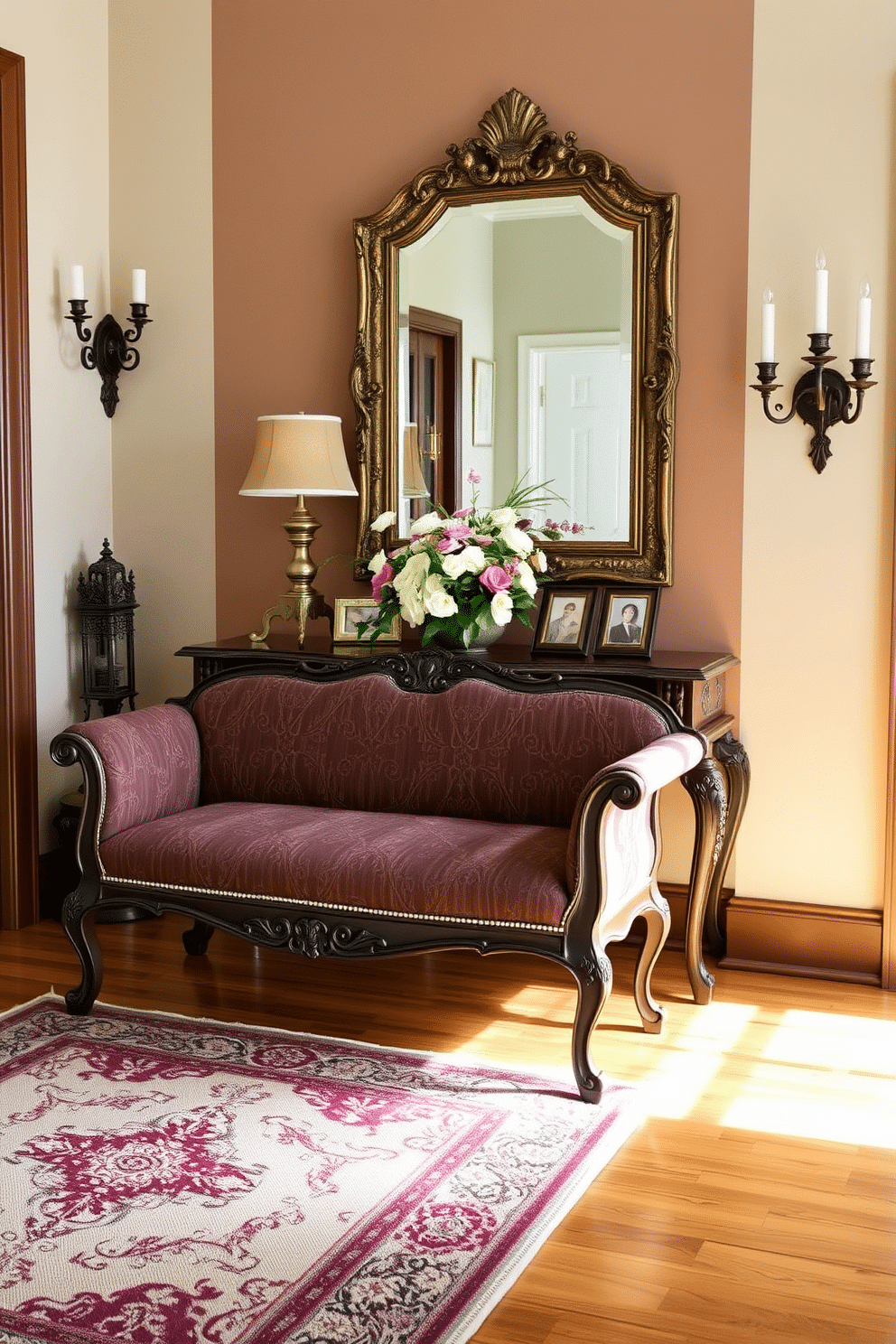 A vintage bench with intricate carvings serves as a stylish seating option in the entrance foyer. The bench is upholstered in a rich, textured fabric, complemented by an ornate area rug that adds warmth to the space. The foyer features elegant wall sconces that cast a soft glow, enhancing the vintage charm. A large mirror with a decorative frame hangs above a console table, adorned with fresh flowers and personal mementos.