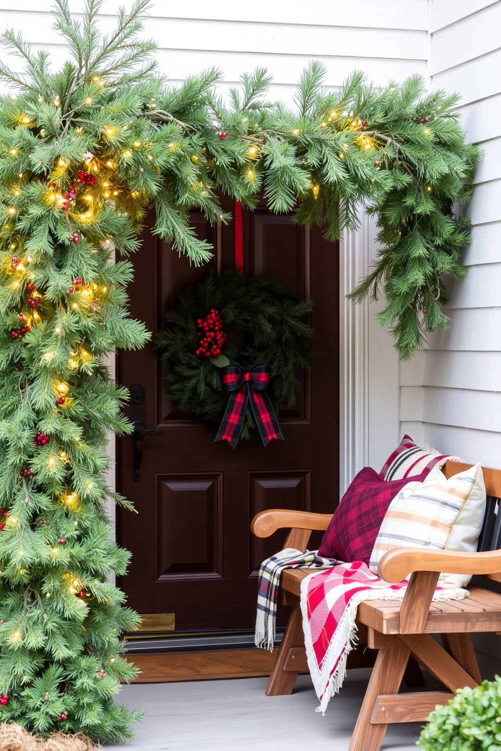 Fresh pine boughs gracefully frame the doorway, creating a warm and inviting entrance. Soft white fairy lights twinkle among the branches, adding a magical touch to the holiday decor. A festive wreath adorned with red berries and a plaid ribbon hangs prominently on the door. Complementing the natural elements, a rustic wooden bench is placed nearby, topped with cozy blankets and decorative throw pillows.