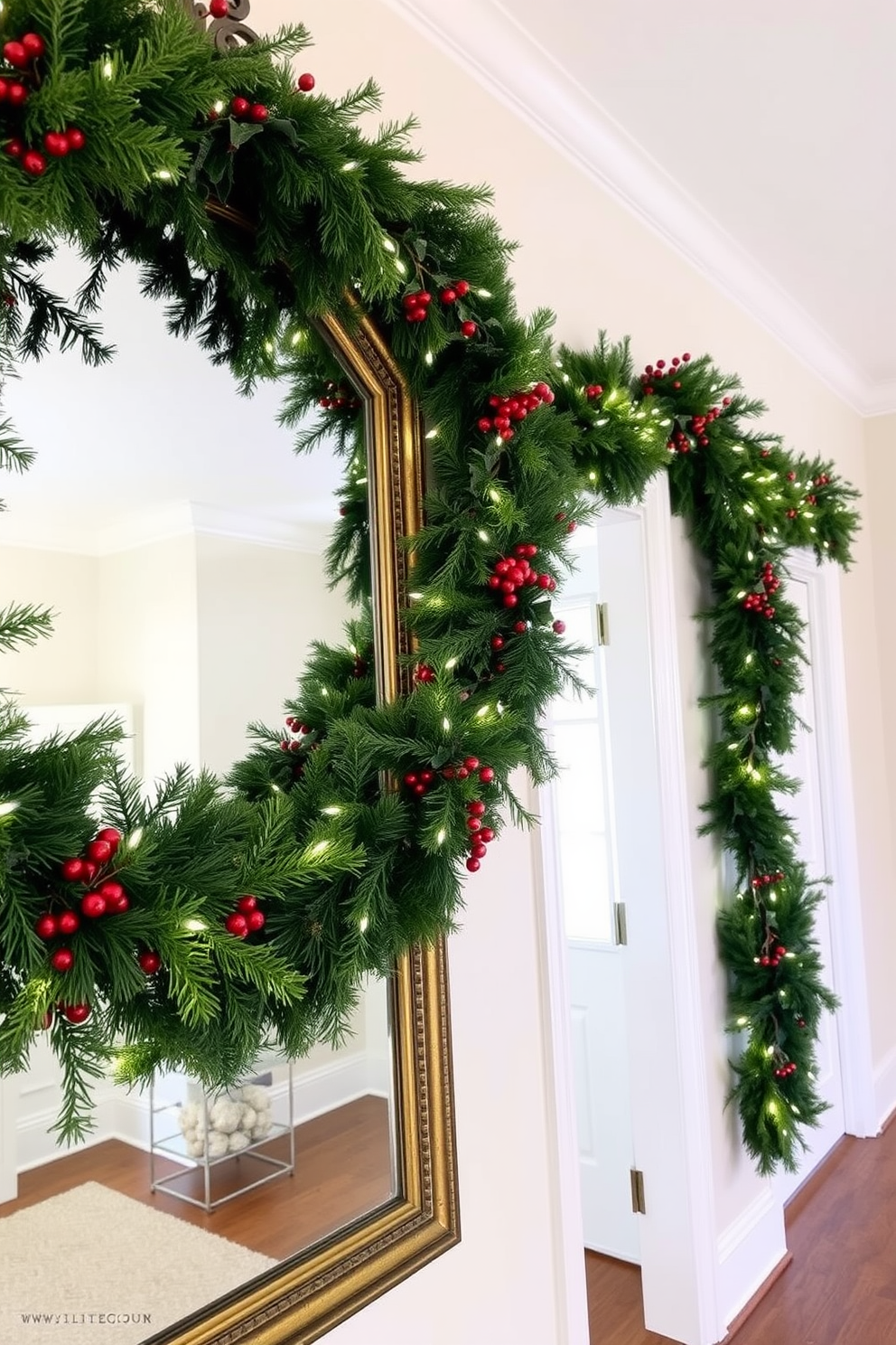 A festive entryway adorned with a garland draped elegantly over a large, ornate mirror. The garland is lush and vibrant, featuring a mix of pine branches, red berries, and twinkling white lights, creating a warm and inviting atmosphere for holiday guests.