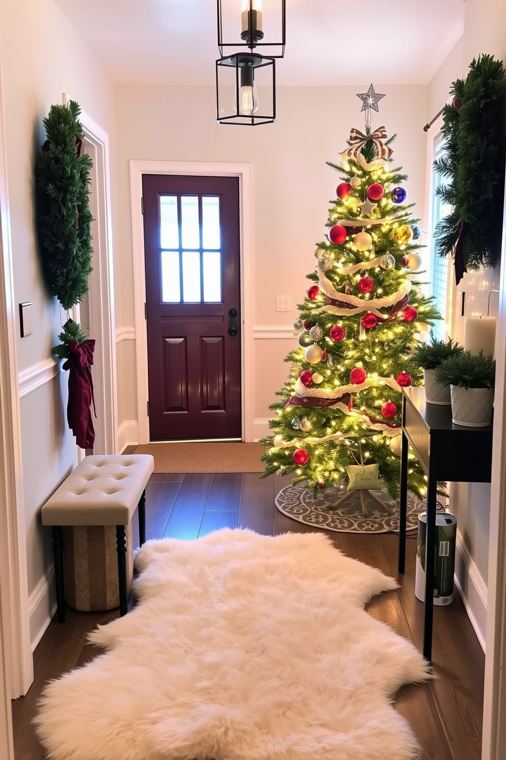 A cozy entryway features a plush faux fur rug in a soft cream color, inviting warmth and comfort as guests step inside. The walls are adorned with festive wreaths, and a beautifully decorated Christmas tree stands in the corner, surrounded by twinkling lights and colorful ornaments.