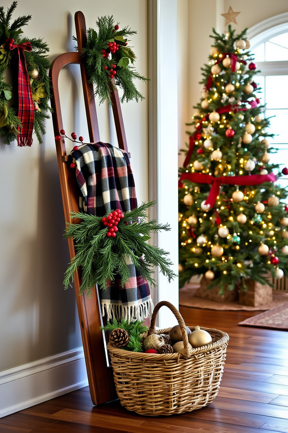 A vintage wooden sled is propped against the wall in the entryway, adorned with evergreen branches and red berries for a festive touch. A cozy plaid blanket is draped over the sled, adding warmth and inviting charm to the holiday decor. The entryway features a beautifully decorated Christmas tree, twinkling lights, and rustic ornaments that complement the sled display. A woven basket filled with pinecones and ornaments sits on the floor, enhancing the seasonal atmosphere.