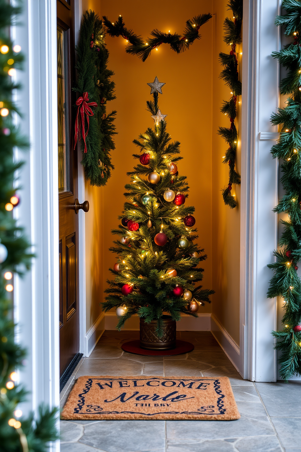 A charming entryway adorned for the holidays features a miniature Christmas tree nestled in the corner, decorated with twinkling fairy lights and colorful ornaments. The walls are lined with festive garlands, and a cozy doormat welcomes guests into this warm, inviting space.