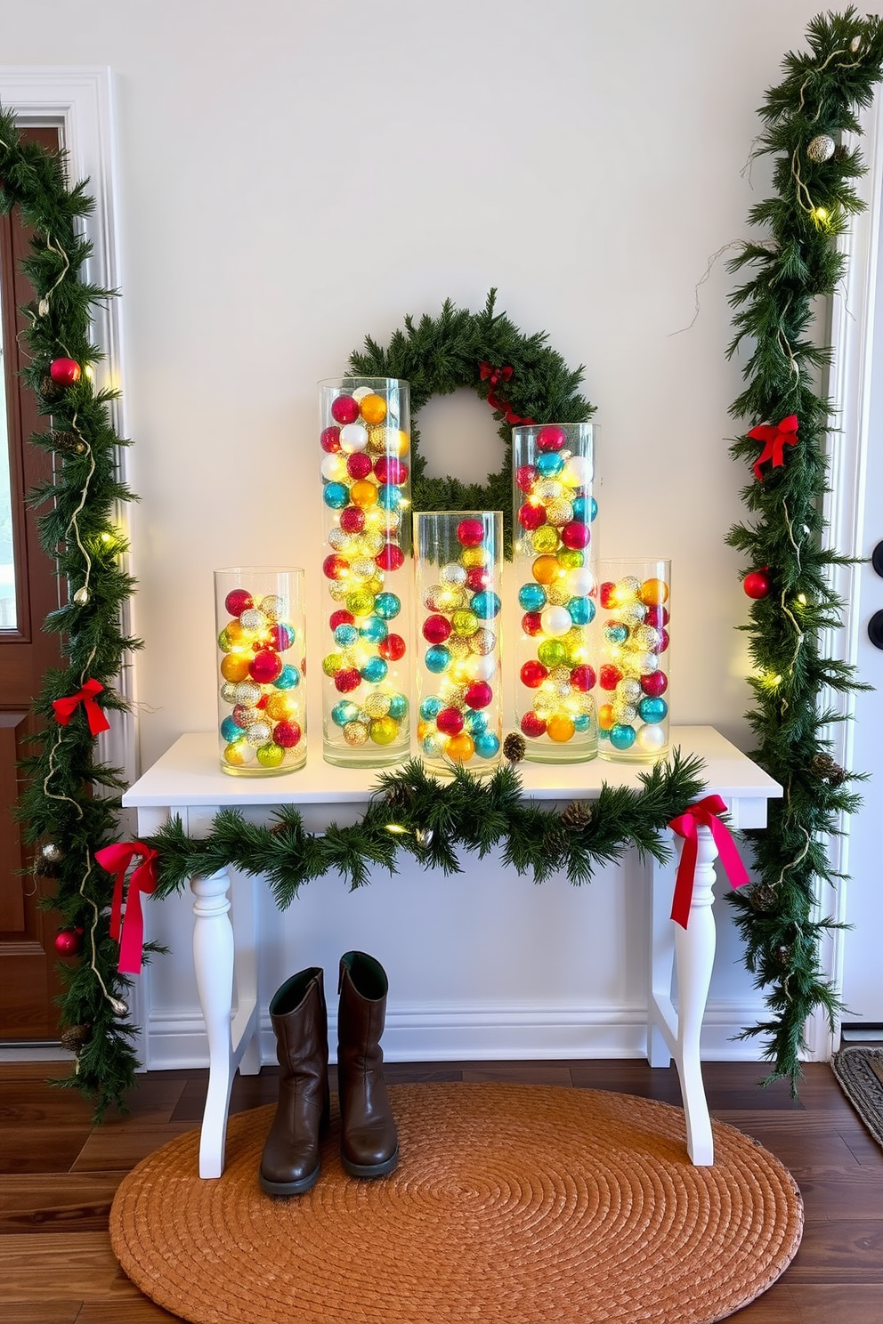 A beautifully decorated entryway featuring a table adorned with ornament-filled glass vases in varying sizes. The vases are filled with colorful baubles and twinkling lights, creating a festive and inviting atmosphere. Surrounding the table, a lush green garland drapes elegantly along the edges, accented by small pinecones and red ribbons. A pair of stylish boots sit nearby, and a cozy woven mat welcomes guests as they enter the home.