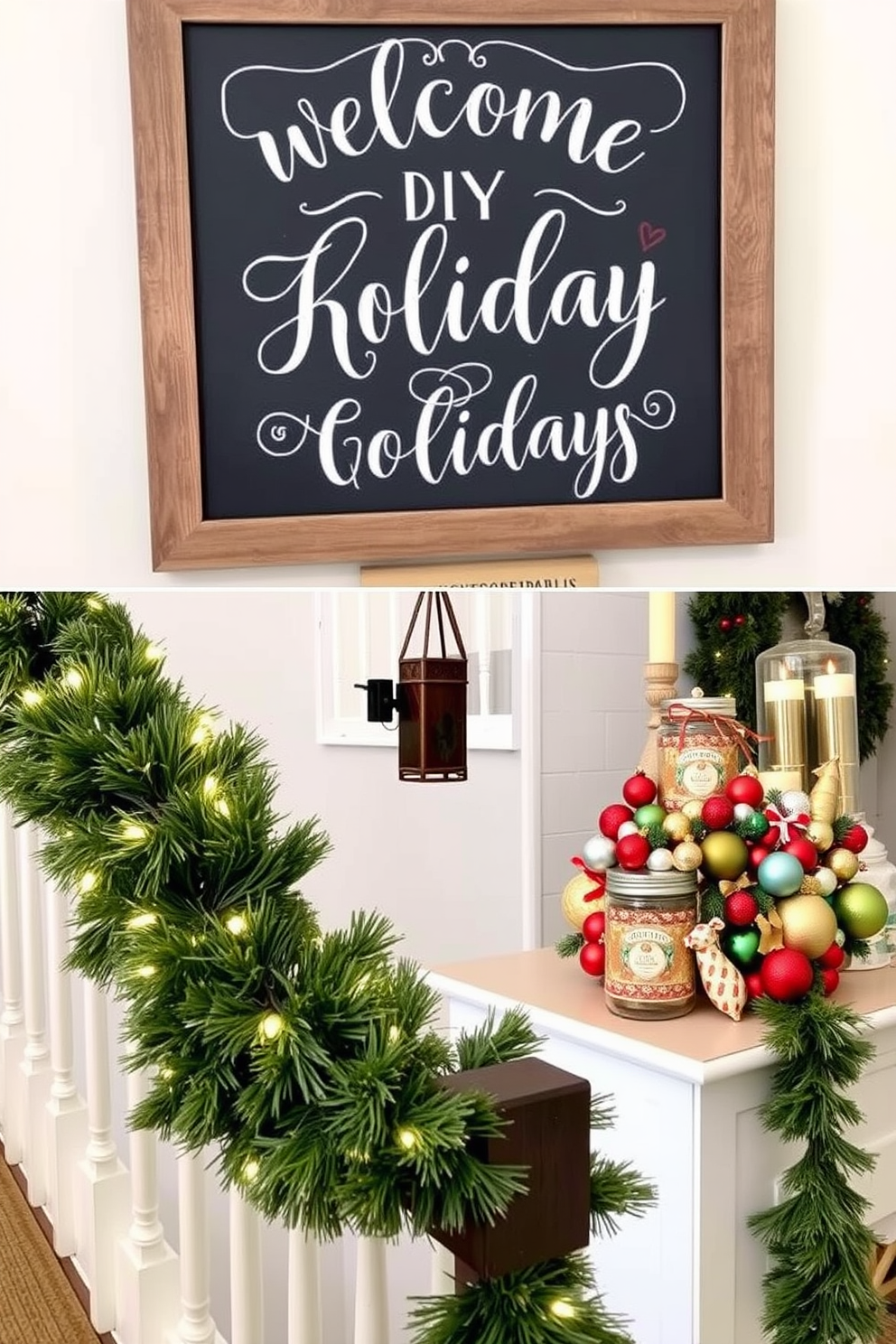 A charming DIY chalkboard sign welcomes guests with festive holiday greetings, featuring elegant hand-lettering in white chalk against a rustic black background. The sign is framed in reclaimed wood, adding a touch of warmth and character to the entryway. The entryway is adorned with Christmas decorations, showcasing a lush green garland draped over the staircase railing, sprinkled with twinkling fairy lights. A collection of colorful ornaments and holiday-themed accents are thoughtfully arranged on a console table, creating a joyful and inviting atmosphere.