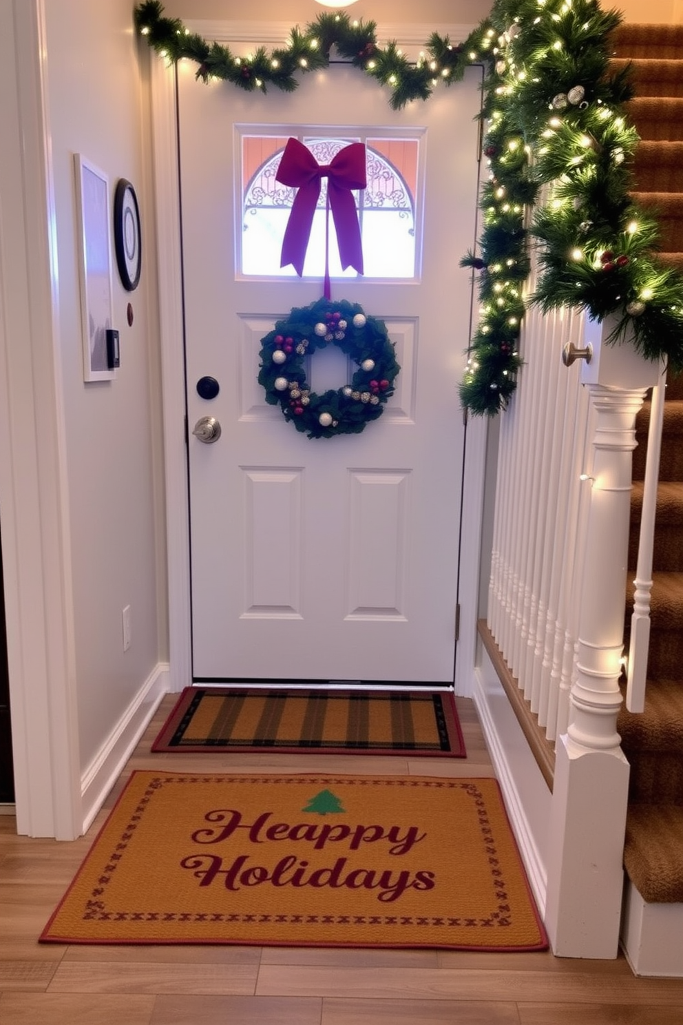 Layered doormats in a cozy entryway create an inviting atmosphere. The top mat features a festive holiday design, while the bottom mat is a natural jute texture, adding warmth and depth. For Christmas decorating, the entryway is adorned with garlands draped along the staircase railing. A cheerful wreath hangs on the door, complemented by twinkling fairy lights that illuminate the space.