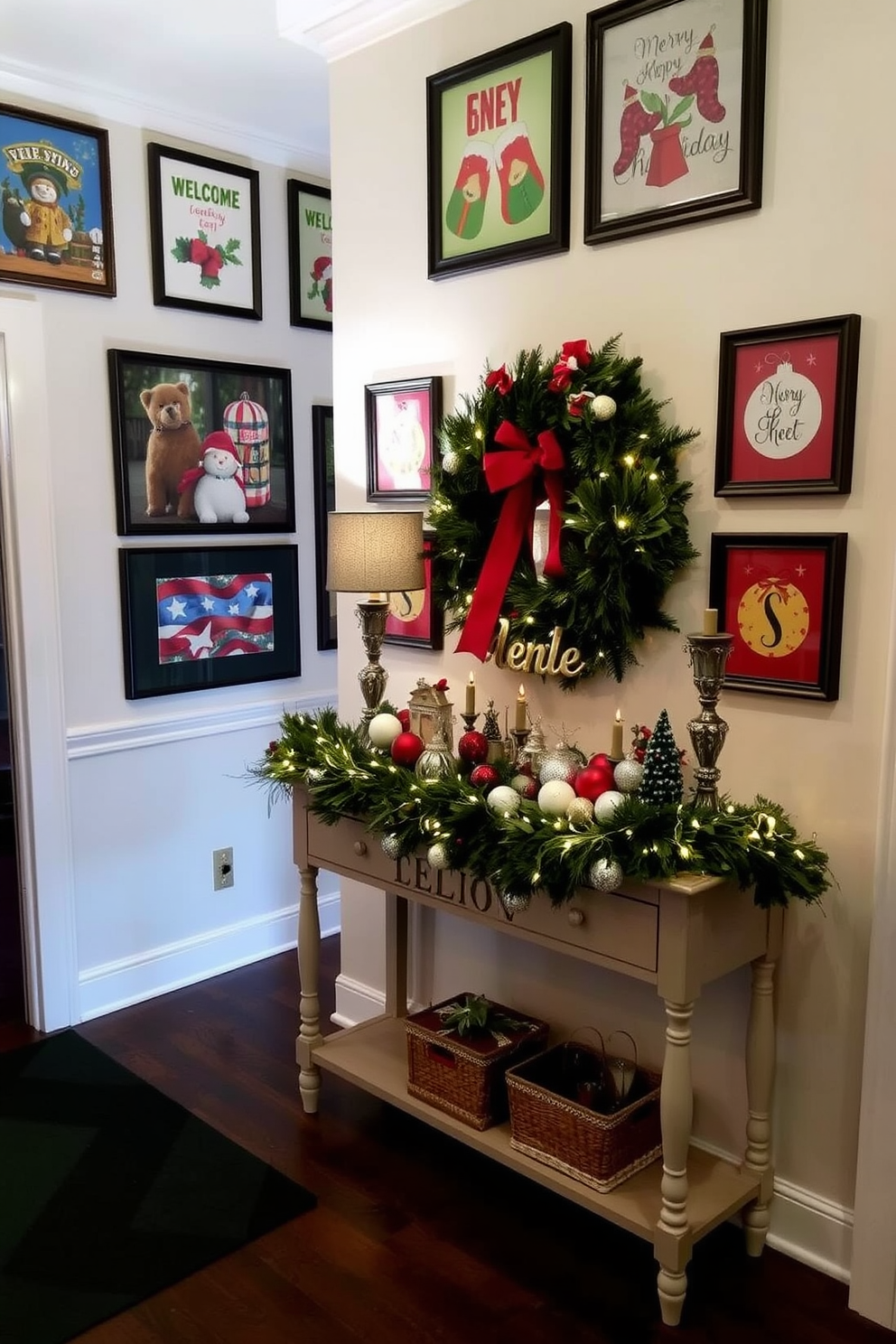 A beautifully decorated entryway adorned with seasonal artwork and festive prints. The walls are lined with framed holiday-themed art, showcasing vibrant colors and cheerful designs that capture the spirit of the season. A welcoming console table is set against the wall, decorated with a lush green garland and twinkling fairy lights. On top of the table, a collection of decorative ornaments and a festive wreath create an inviting atmosphere for guests.