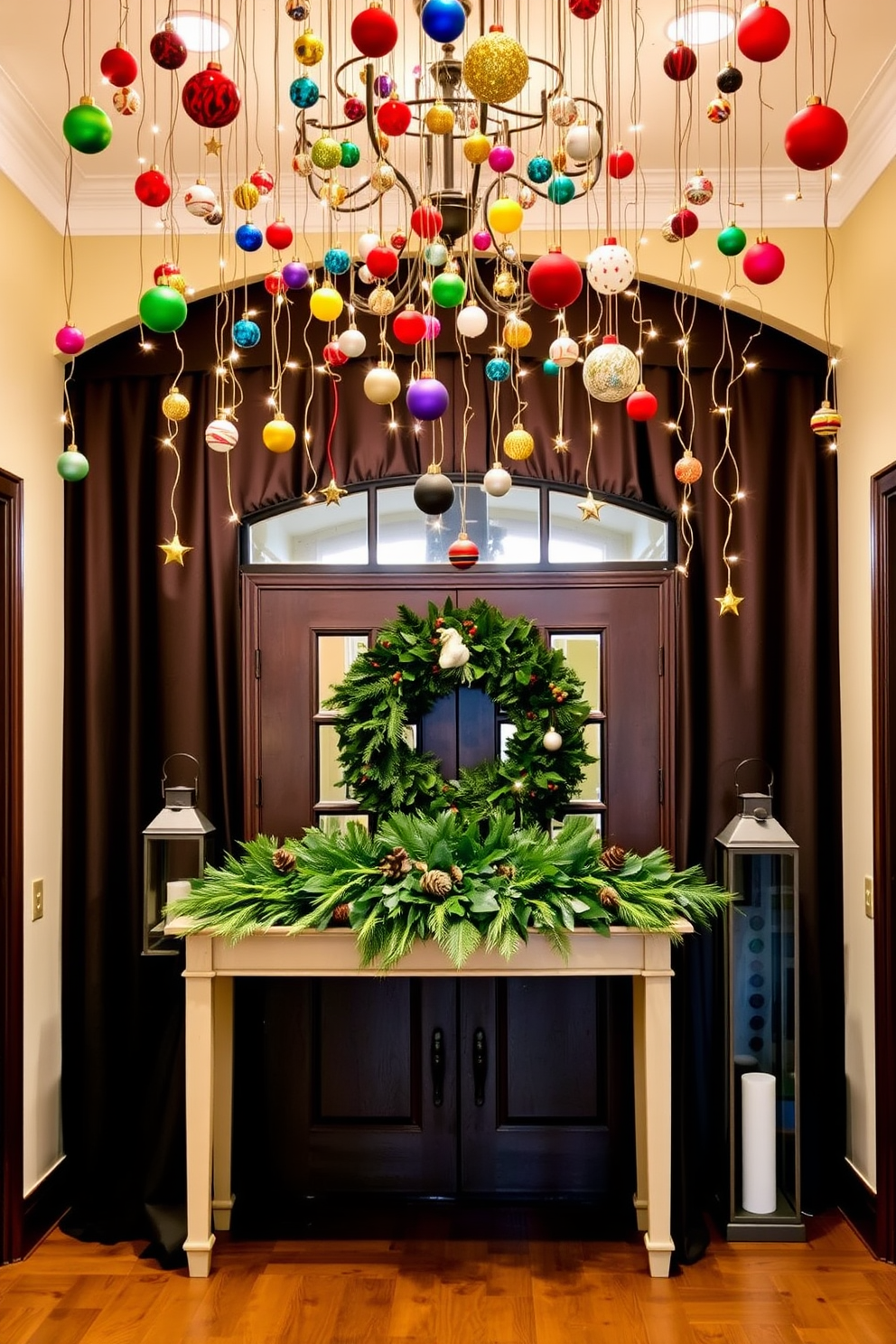 A festive entryway adorned with hanging ornaments from the ceiling, creating a warm and inviting atmosphere. Colorful baubles in varying sizes dangle alongside twinkling fairy lights, casting a soft glow over the space. A beautifully decorated console table greets guests, topped with a lush green garland interspersed with pinecones and red berries. A pair of elegant lanterns on either side provide additional lighting, enhancing the holiday charm of the entryway.