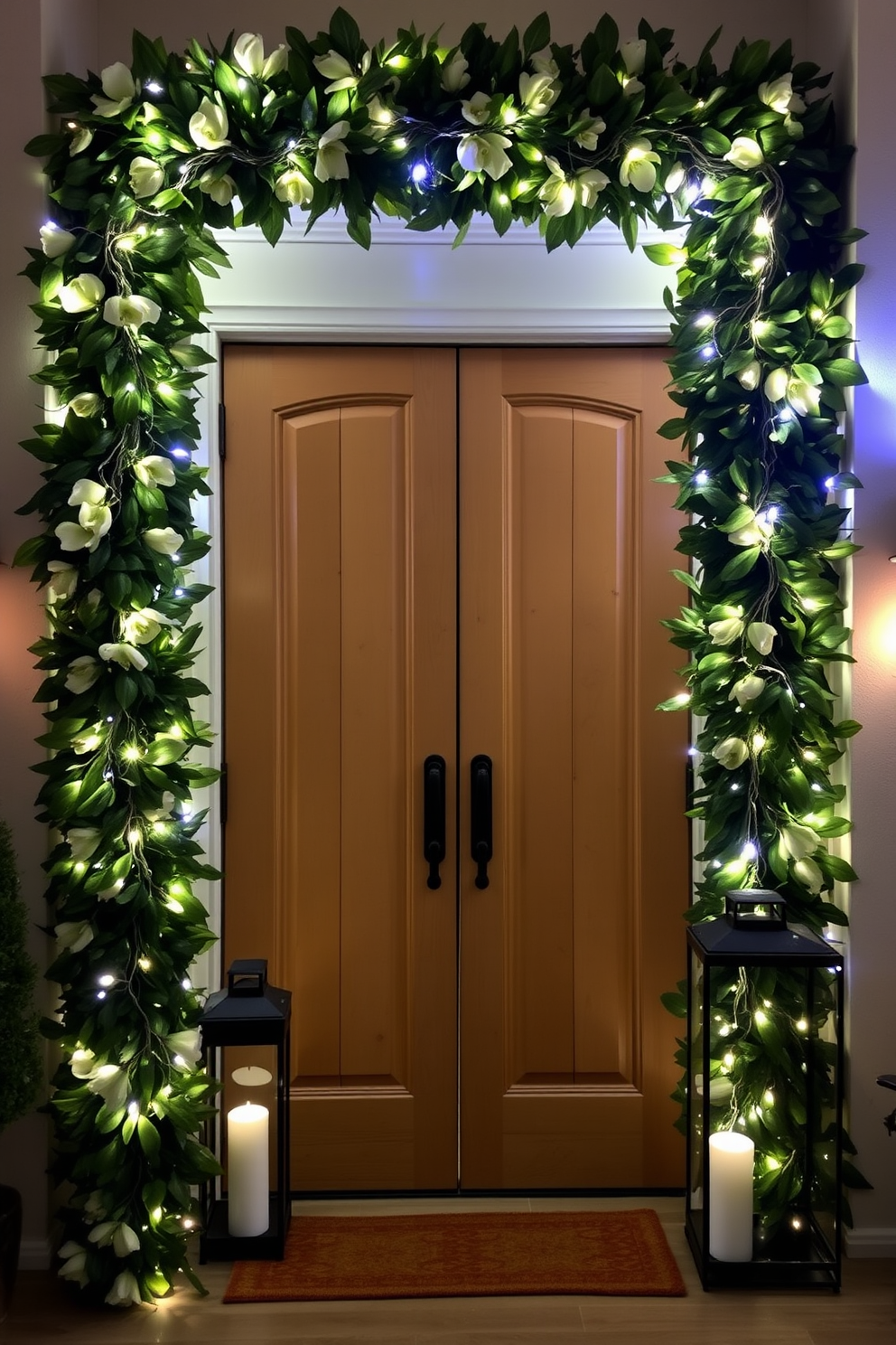 A festive entryway adorned with lush magnolia garlands intertwined with twinkling fairy lights. The garlands frame a rustic wooden door, while a pair of elegant lanterns on either side cast a warm glow, inviting guests into a holiday haven.