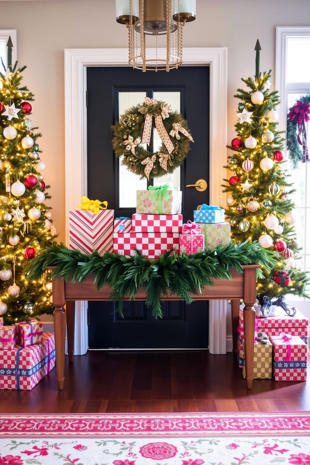 A festive entryway adorned with gift-wrapped boxes in various sizes and colorful wrapping paper. The boxes are strategically placed on a wooden console table, complemented by a lush evergreen garland that drapes elegantly along the table's edge. Flanking the entryway are two tall, decorated Christmas trees, each adorned with twinkling lights and ornaments that reflect the colors of the gift wrap. A cozy rug with holiday patterns lies beneath, inviting guests into the warm and cheerful atmosphere.