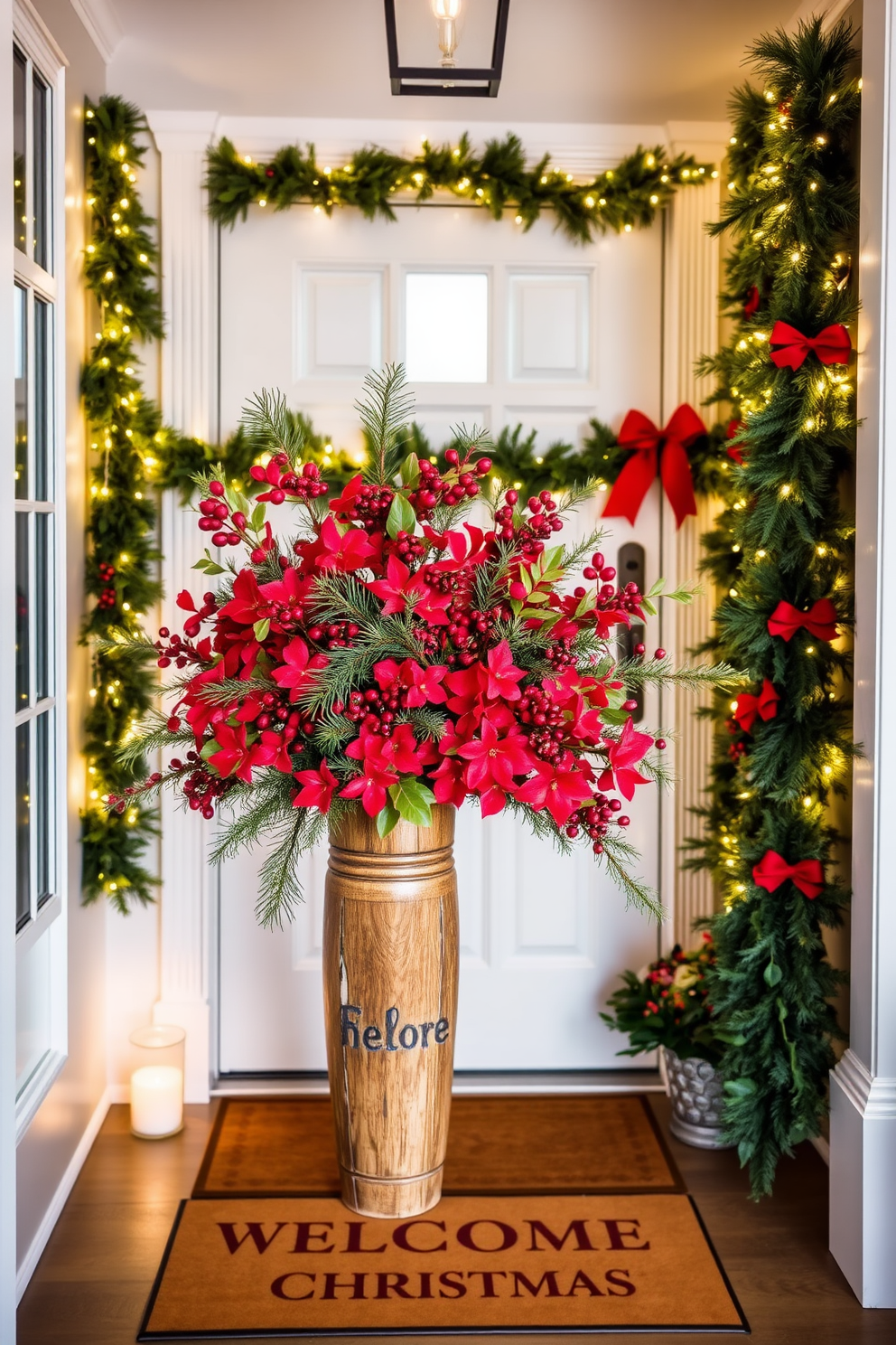 A stunning entryway adorned with a vibrant floral arrangement featuring seasonal greenery, including pine branches and holly berries. The arrangement is placed in a rustic wooden vase, adding a warm touch to the space. For Christmas decorating ideas, the entryway is embellished with twinkling fairy lights draped along a garland that frames the front door. A welcome mat with a festive design sits at the threshold, inviting guests into a cozy holiday atmosphere.