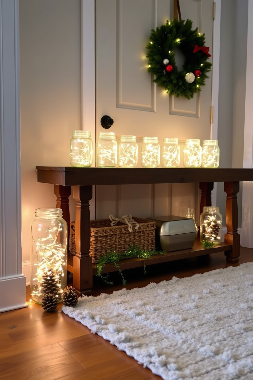 A cozy entryway adorned with twinkling fairy lights nestled in glass jars, creating a warm and inviting atmosphere. The jars are arranged on a rustic wooden console table, complemented by a festive wreath hanging on the door. The floor is covered with a soft, textured rug, adding comfort underfoot. Additional decorations include pinecones and small evergreen branches scattered around the jars, enhancing the holiday spirit.