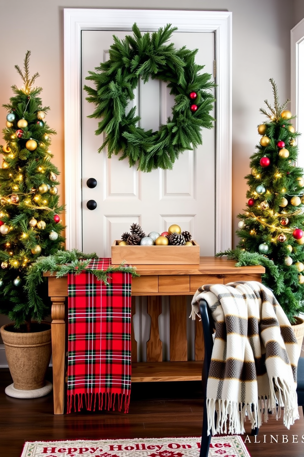 A festive entryway adorned with holiday-themed fabric, featuring a cheerful red and green plaid table runner draped over a rustic wooden console table. On the table, a collection of pinecones and ornaments in gold and silver hues create a charming centerpiece, while a garland of fresh evergreen branches winds along the edge. Flanking the entryway, two tall potted Christmas trees are decorated with twinkling white lights and colorful baubles, adding warmth and joy to the space. A cozy wool blanket in a festive pattern is casually thrown over a nearby chair, inviting guests to feel the holiday spirit as they enter.