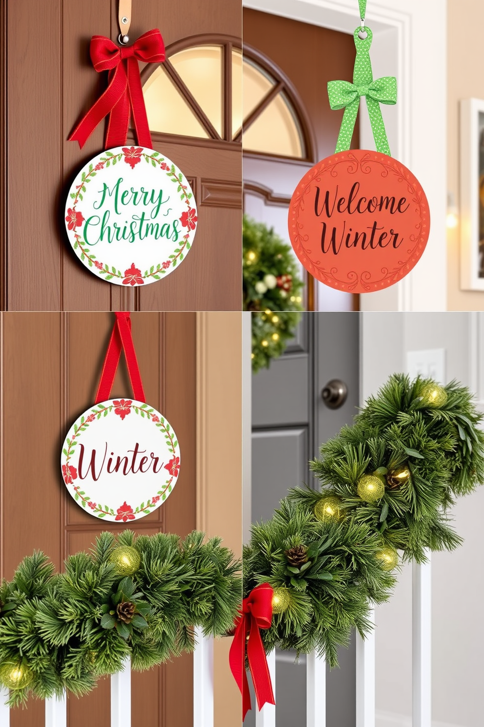 Festive door hangers adorned with seasonal messages create a warm and inviting atmosphere for the holidays. Each hanger features vibrant colors and playful designs, showcasing messages like 