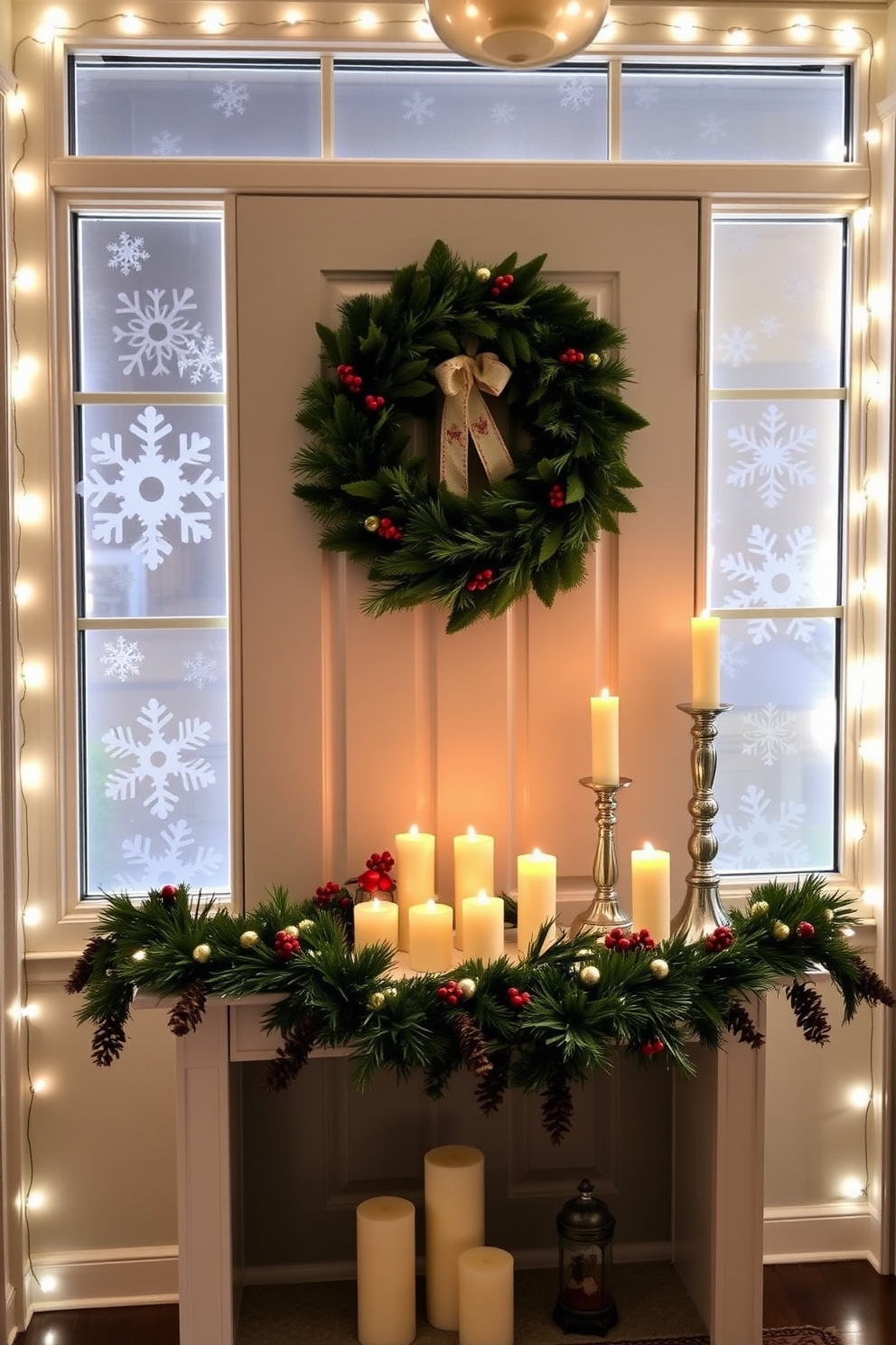 A festive entryway adorned with snowflake cutouts on the windows, creating a whimsical winter atmosphere. Soft white lights twinkle around the edges, illuminating the space and enhancing the holiday spirit. A beautifully decorated console table greets guests, featuring a lush green garland intertwined with red berries and pinecones. A collection of candles in varying heights adds warmth, while a cheerful wreath hangs prominently on the front door.