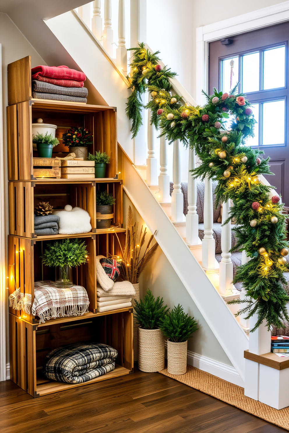 A cozy entryway featuring wooden crates used for both storage and display. The crates are stacked in a creative arrangement, filled with seasonal decor, cozy blankets, and potted plants, creating a welcoming atmosphere. The entryway is adorned with festive Christmas decorations, including a lush evergreen garland draped along the staircase railing. Twinkling fairy lights wrap around the crates, and a charming wreath hangs on the door, inviting guests into a warm holiday setting.