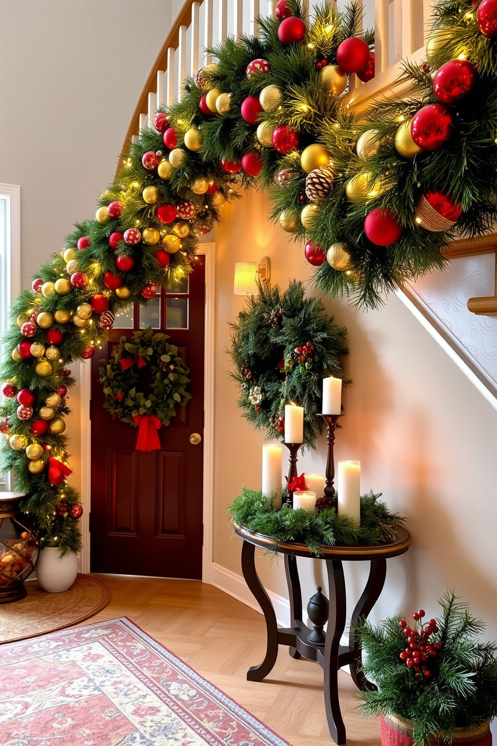 A vibrant garland adorned with red, gold, and green ornaments winds gracefully along the staircase railing, creating a festive focal point. Twinkling fairy lights are interspersed throughout the garland, adding a warm glow that enhances the holiday spirit. The entryway is tastefully decorated with a mix of seasonal elements, including a lush evergreen wreath on the door and a cozy, patterned rug on the floor. A small table features a centerpiece of pinecones, candles, and a festive arrangement of holly and berries, welcoming guests with holiday cheer.