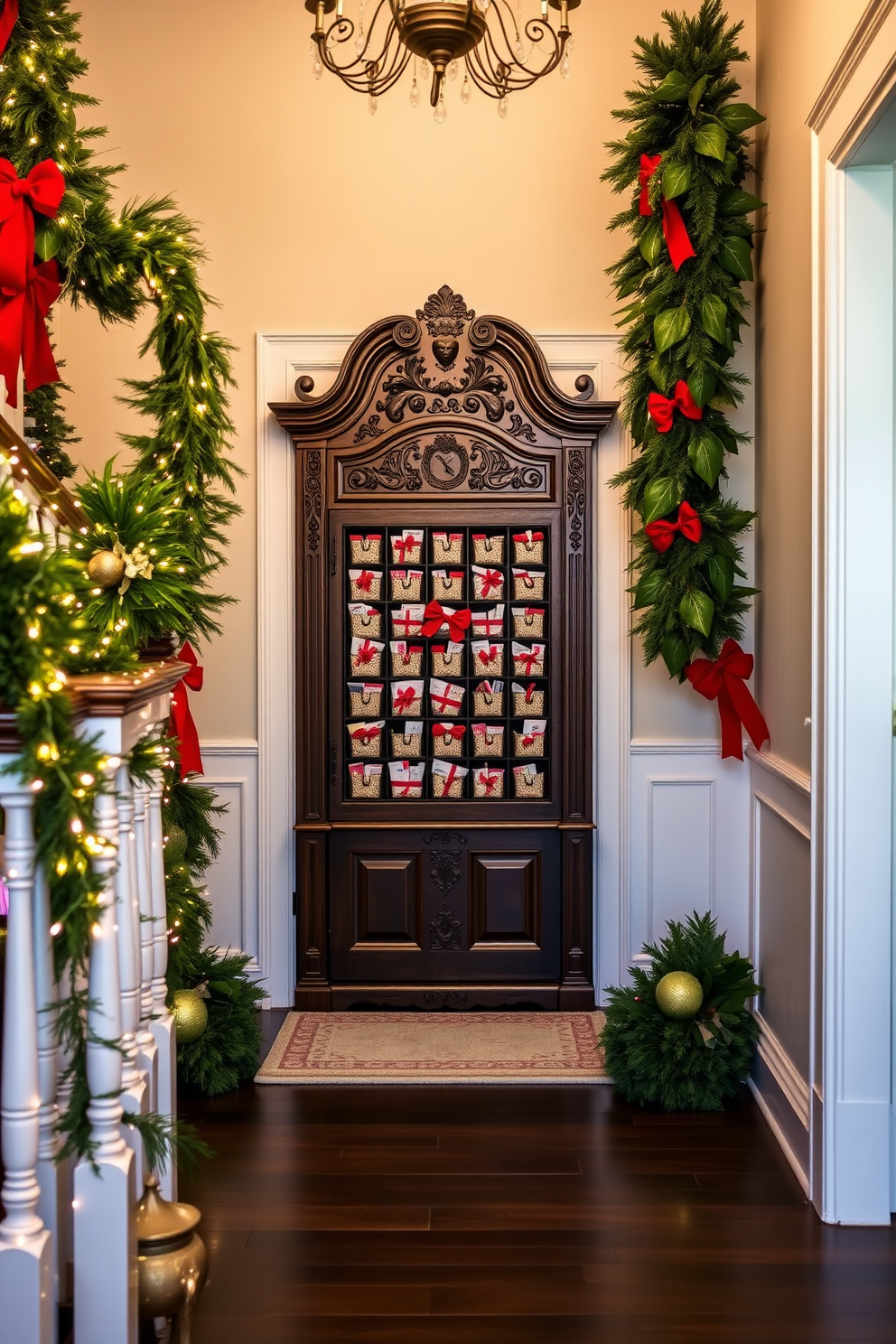 A stunning entryway featuring an elegant advent calendar as the focal point. The calendar is crafted from rich mahogany, adorned with intricate carvings and filled with small, beautifully wrapped gifts. Surrounding the advent calendar, festive decorations bring the space to life. Twinkling fairy lights drape along the staircase railing, while lush green garlands and red bows frame the door, creating a warm and inviting holiday atmosphere.