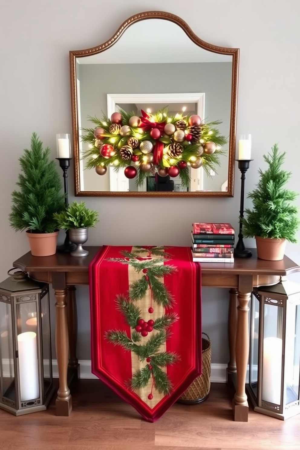 A beautifully styled console table adorned with a festive holiday-themed runner featuring rich reds and greens. Above the table, a large mirror reflects a charming arrangement of pinecones, ornaments, and twinkling fairy lights, creating a warm and inviting entryway atmosphere. Flanking the console table, two elegant lanterns filled with candles cast a soft glow, enhancing the holiday spirit. A small potted evergreen sits on one side, while a stack of cozy holiday-themed books adds a personal touch to the decor.