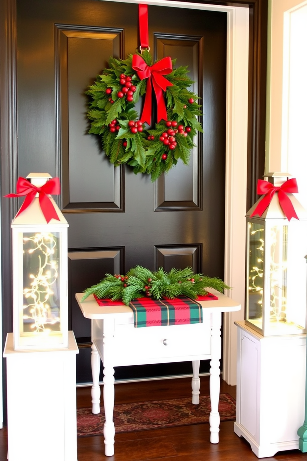 A classic entryway adorned for Christmas features a rich red and green color scheme. A beautifully decorated wreath, embellished with red berries and green foliage, hangs prominently on the front door. Inside, a console table is draped with a plaid table runner in red and green tones. Flanking the table are two tall, elegant lanterns filled with twinkling fairy lights, creating a warm and inviting glow.