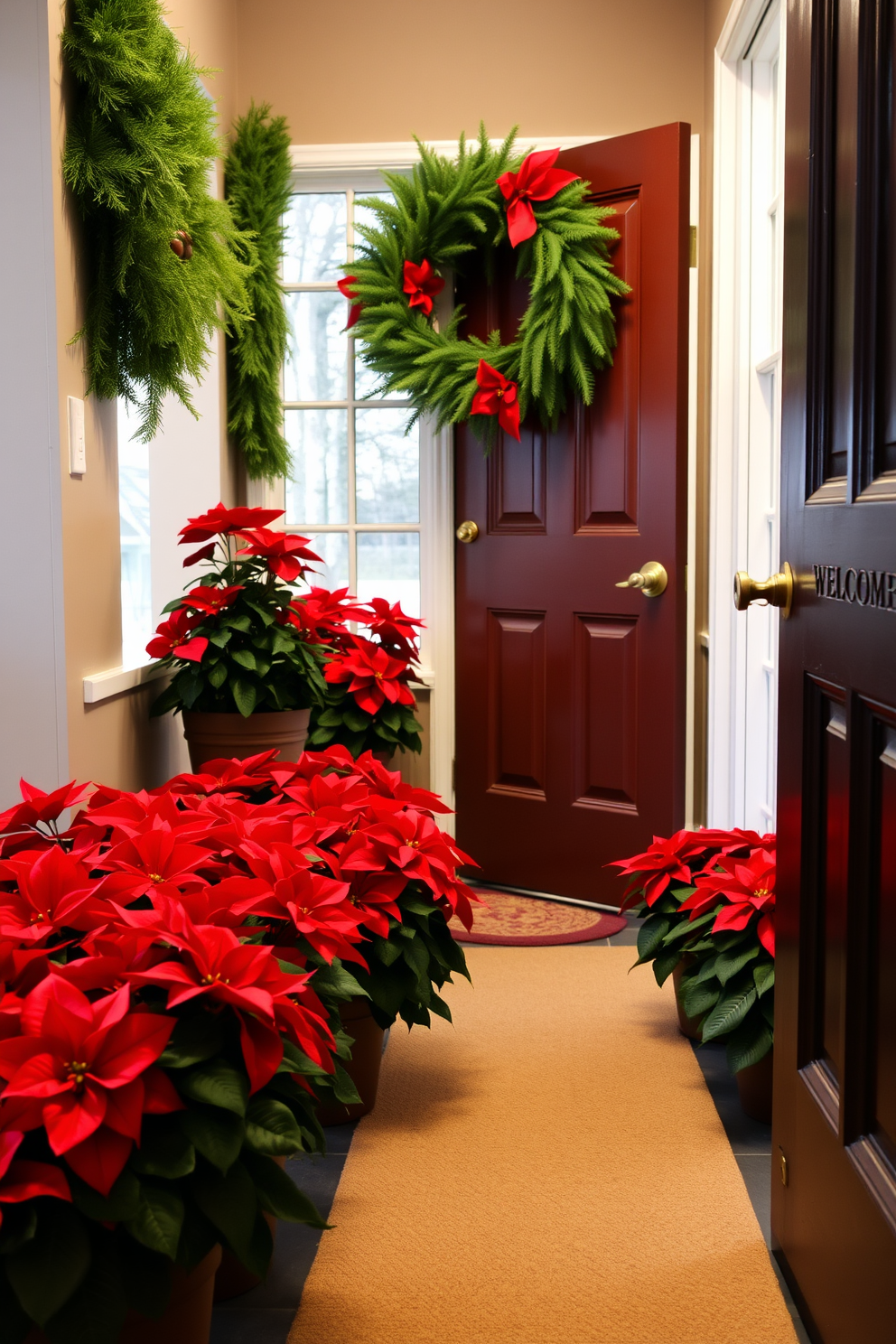 A festive entryway adorned with potted poinsettias in vibrant red and green hues, creating a warm and inviting atmosphere. The floor is covered with a cozy, textured runner, and a wreath of evergreen branches hangs on the door, welcoming guests with holiday cheer.