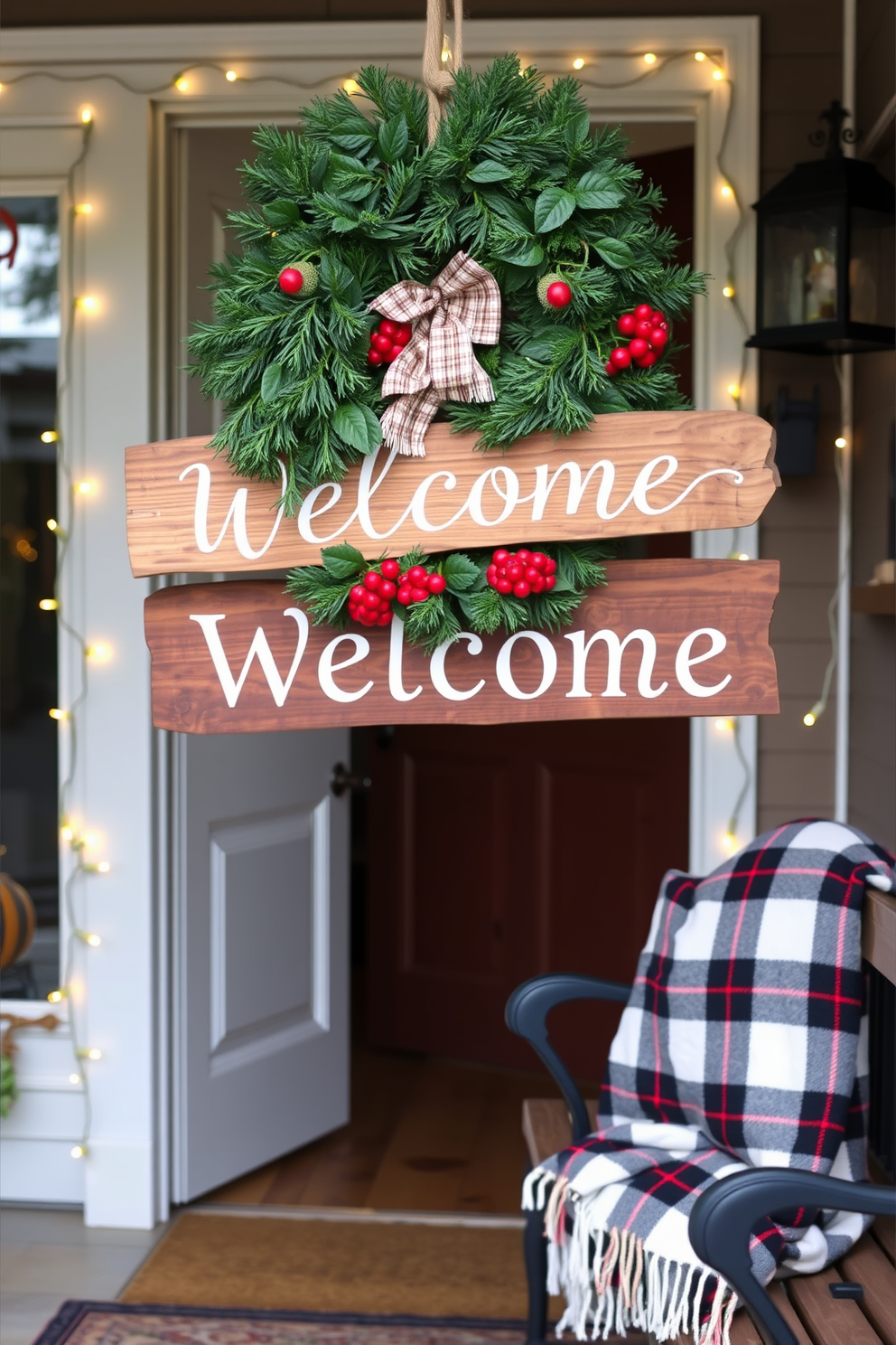 A rustic wooden welcome sign hangs prominently at the entrance, adorned with a lush green wreath featuring red berries and pinecones. The entryway is further enhanced with twinkling fairy lights draped around the doorway and a cozy plaid blanket thrown over a nearby bench.