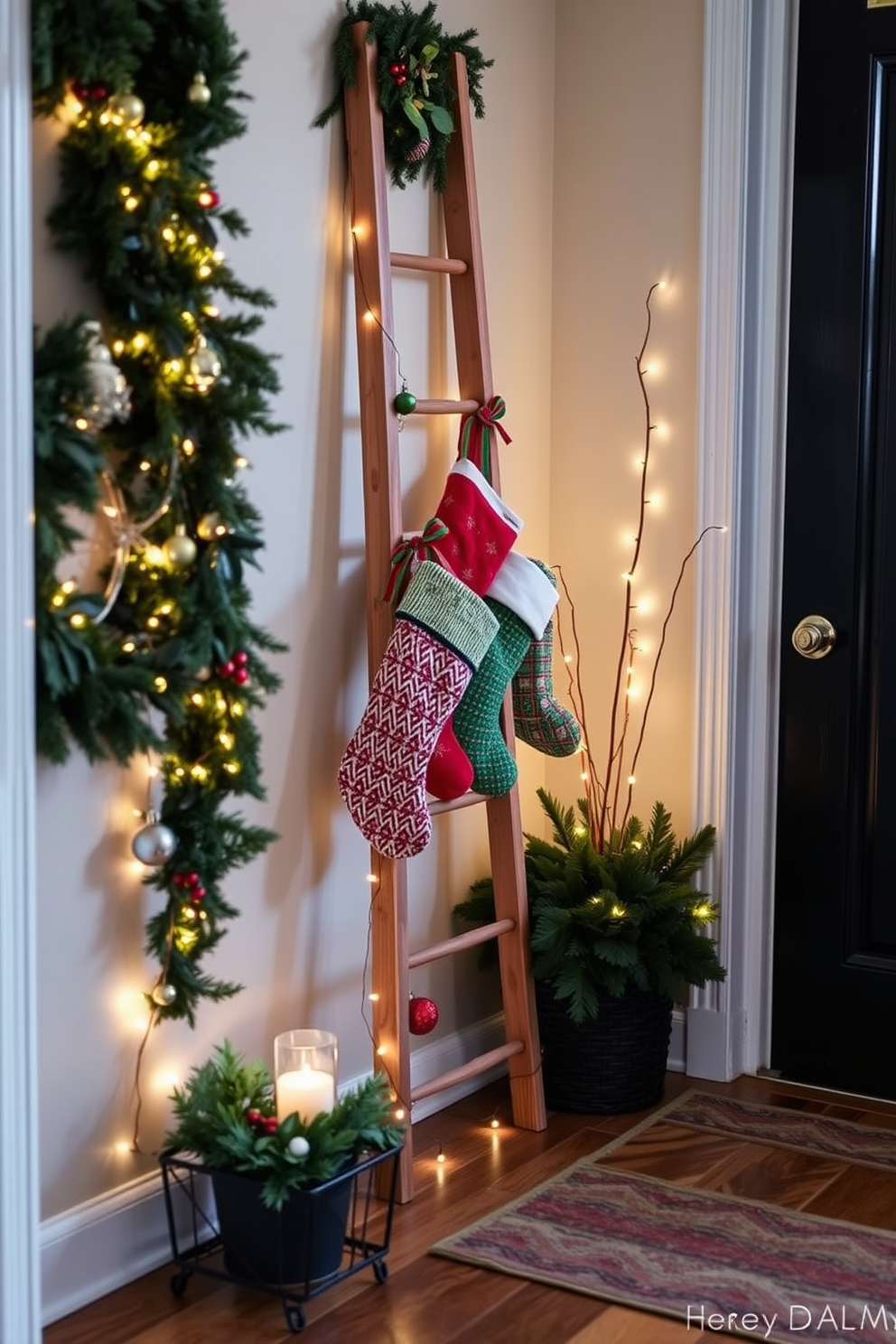 A cozy entryway adorned for the holidays features a decorative wooden ladder leaning against the wall, elegantly displaying colorful Christmas stockings. Surrounding the ladder, festive greenery and twinkling fairy lights create a warm, inviting atmosphere that welcomes guests into the home.